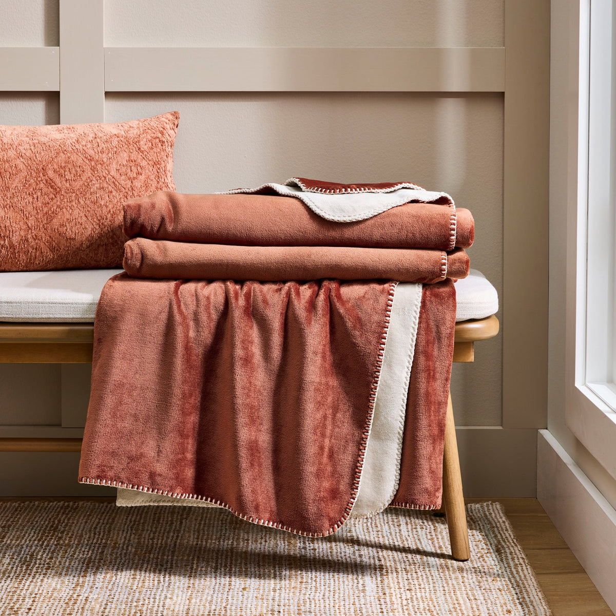AVERO™ Luxury Velvet Plush Bonded Blanket, Dual Layer, Rust Front Beige Back, 90"x96" - AVERO™