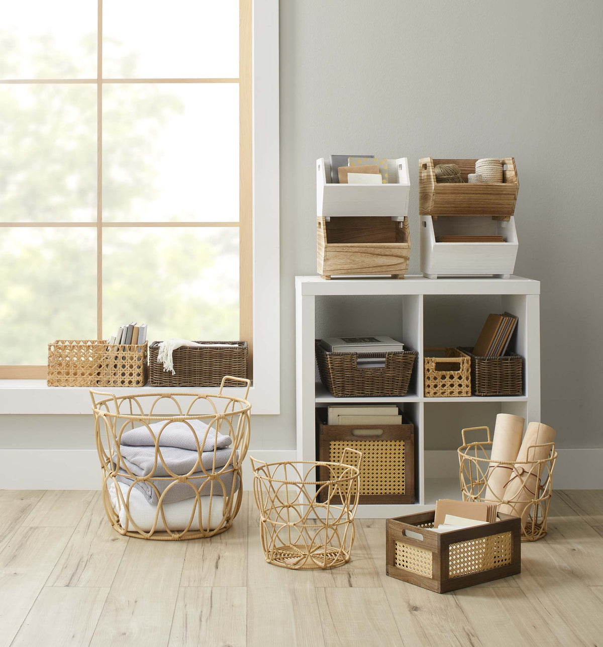 AVERO™ 2-Piece Set Natural Wood Stacking Open Front Decorative Storage Bins, 11 in x 16.5 in x 10 in - AVERO™