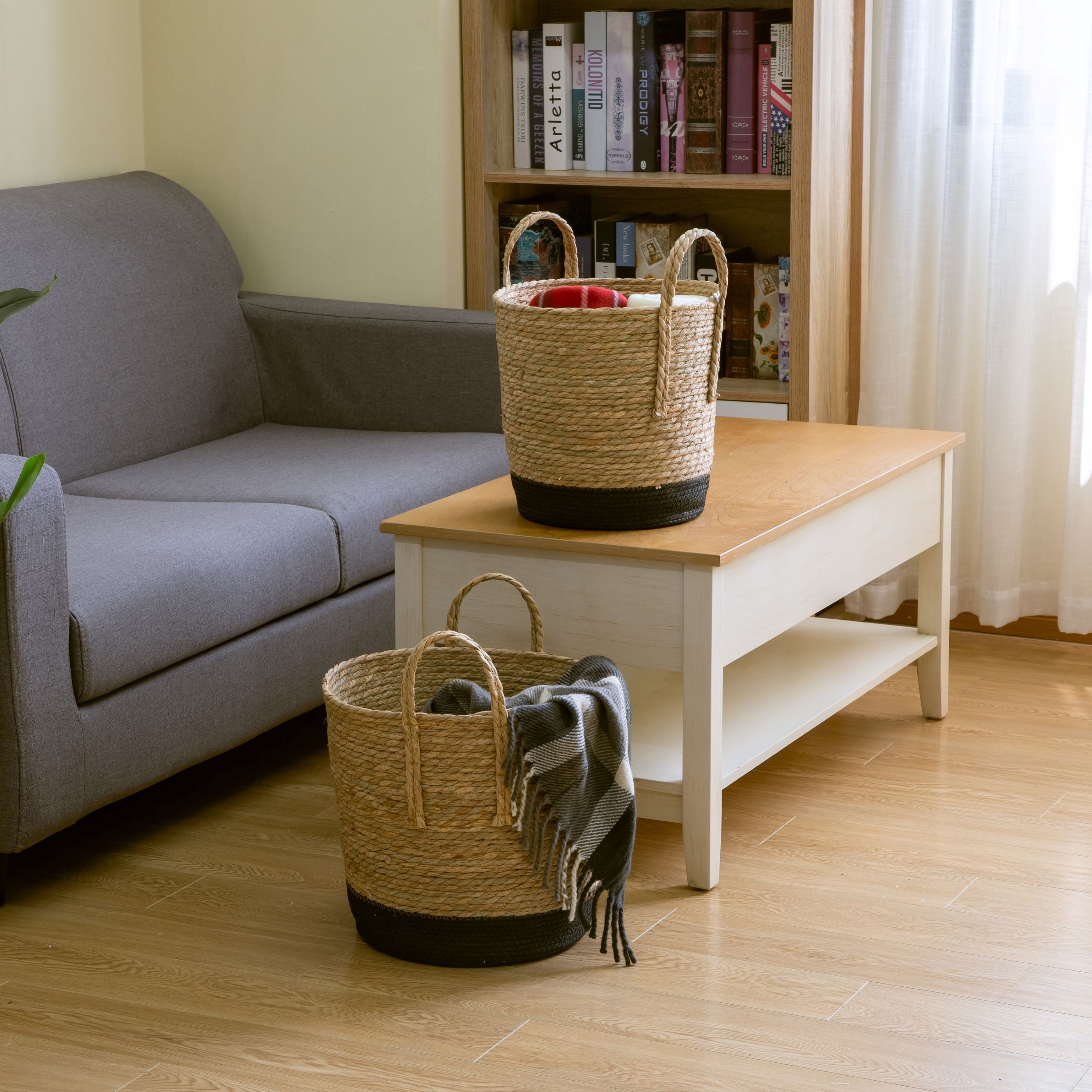 AVERO™ Natural and Black Round Rush Baskets, Set of 2 - AVERO™