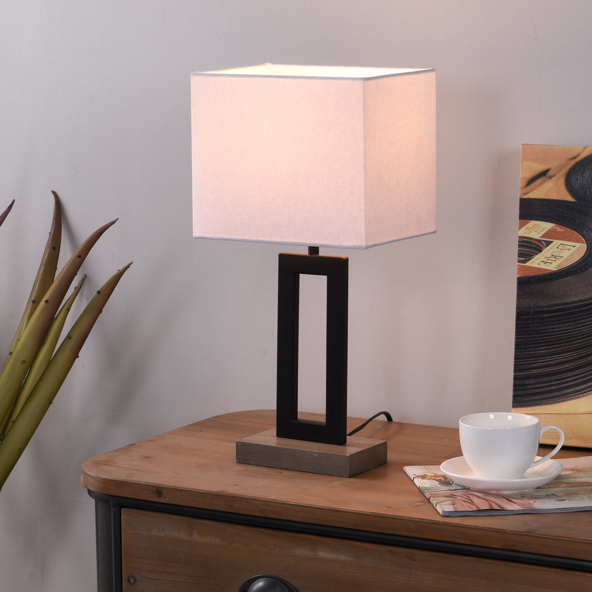 AVERO™ 18 in Metal Windowpane Table Lamp, Black Finish with Faux Wood Base - AVERO™
