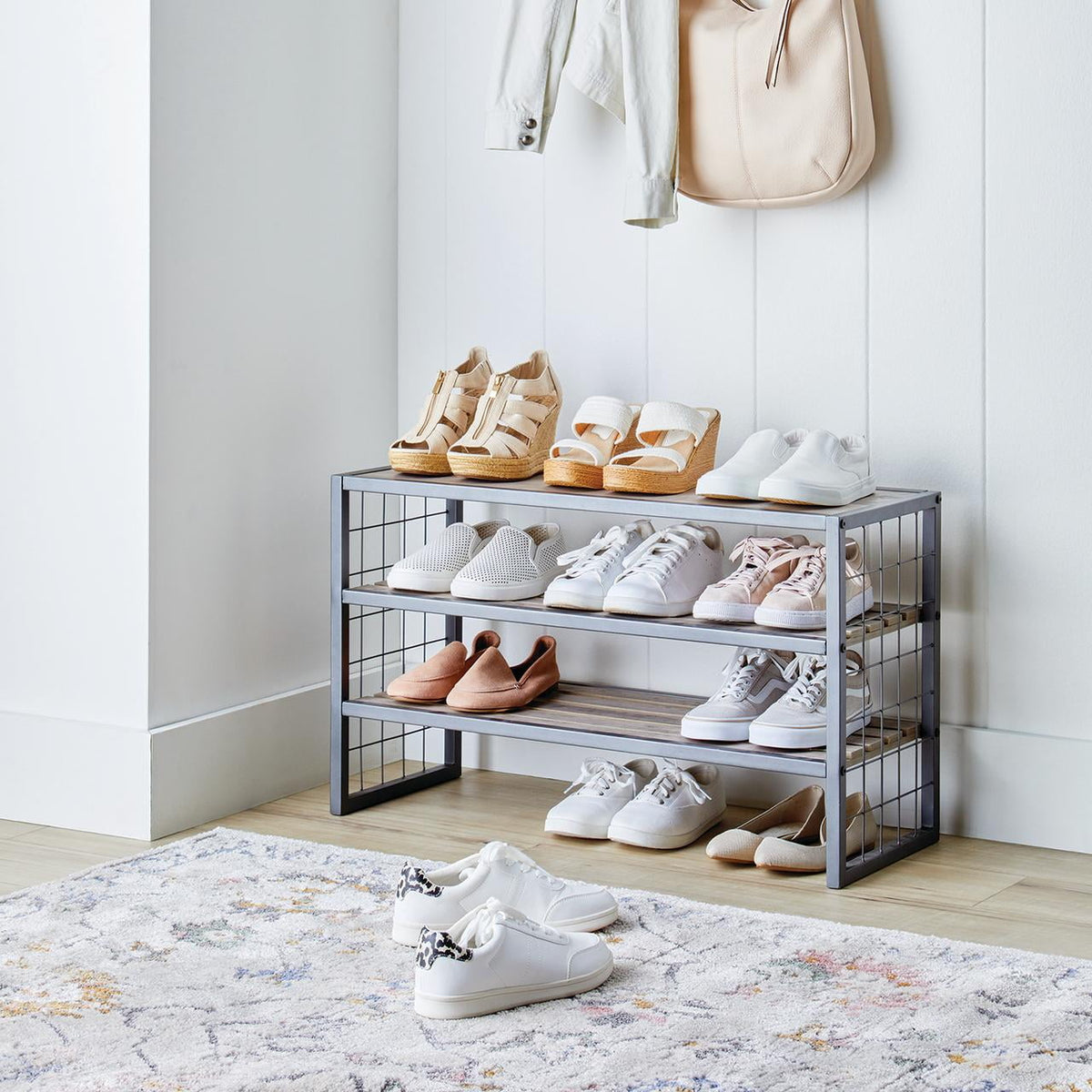 AVERO™ (3 pack) Decorative Gunmetal Grey Wood and Metal Shoe Rack - AVERO™