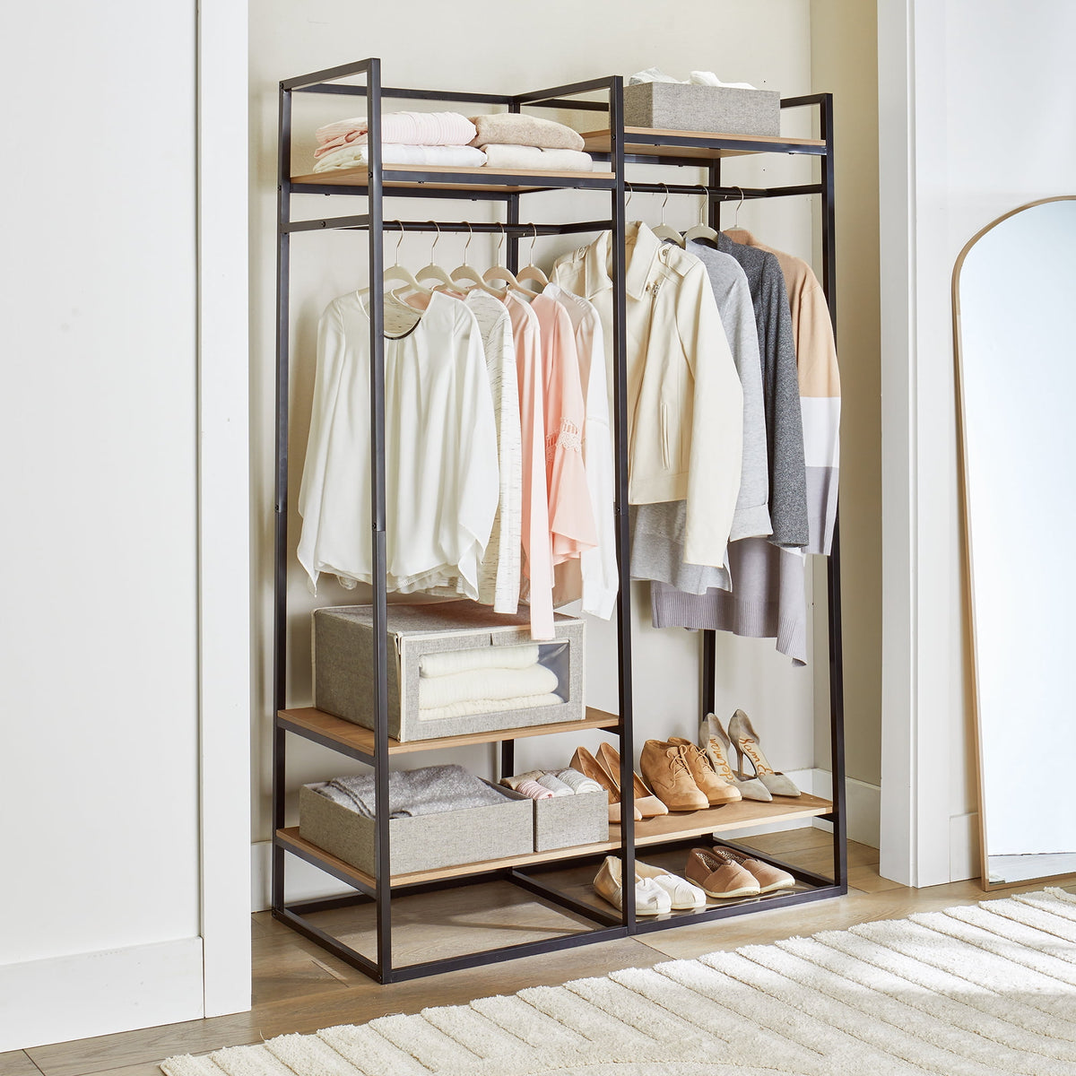 AVERO™ Jace Freestanding Metal 2-Rod Garment Clothes Rack with 4 Wooden Shelves, Black - AVERO™