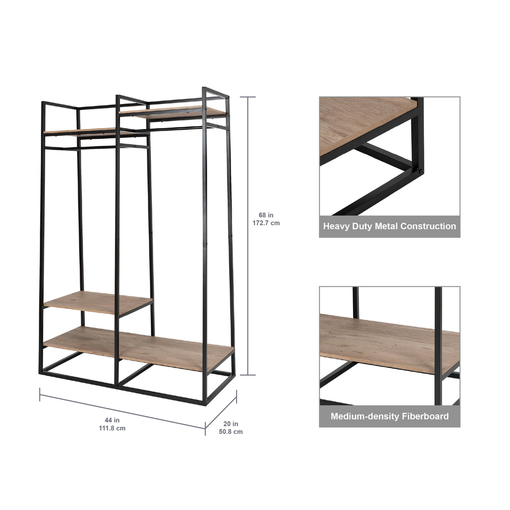 AVERO™ Jace Freestanding Metal 2-Rod Garment Clothes Rack with 4 Wooden Shelves, Black - AVERO™