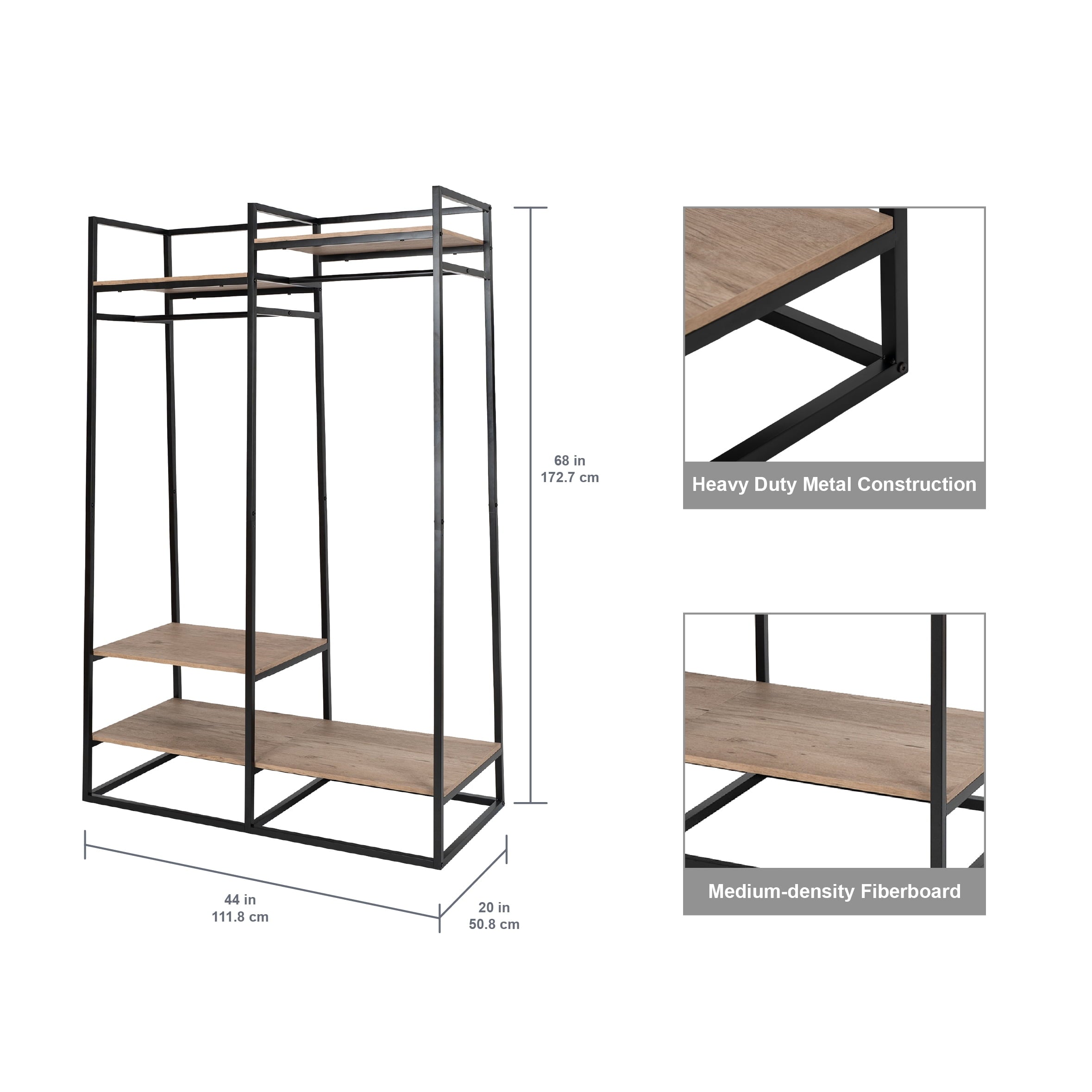 AVERO™ Jace Freestanding Metal 2-Rod Garment Clothes Rack with 4 Wooden Shelves, Black - AVERO™