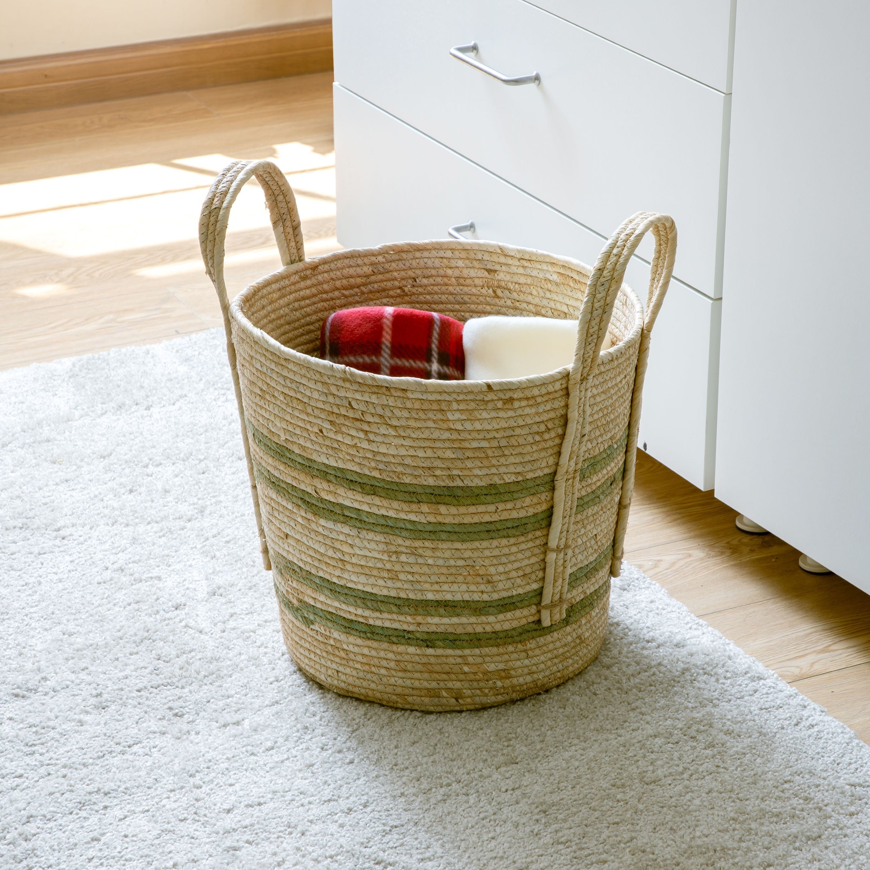AVERO™ Natural Maize Colored Stripe Basket, Green, Large - AVERO™
