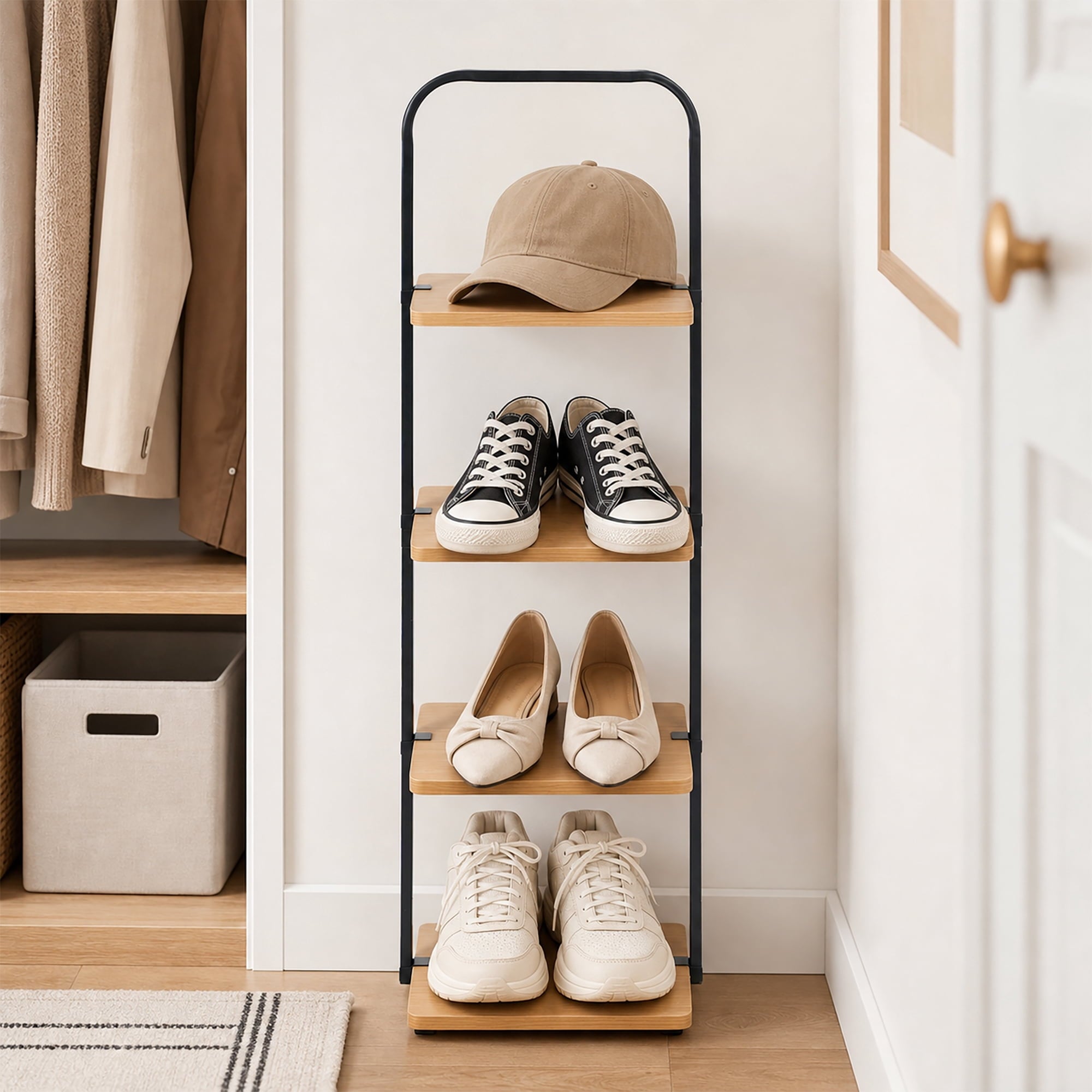 AVERO™ Juliet 4-Tier Wooden Shoe Ladder for Shoe Storage, Black and Light Honey Wood, Holds up to 4 Pairs - AVERO™