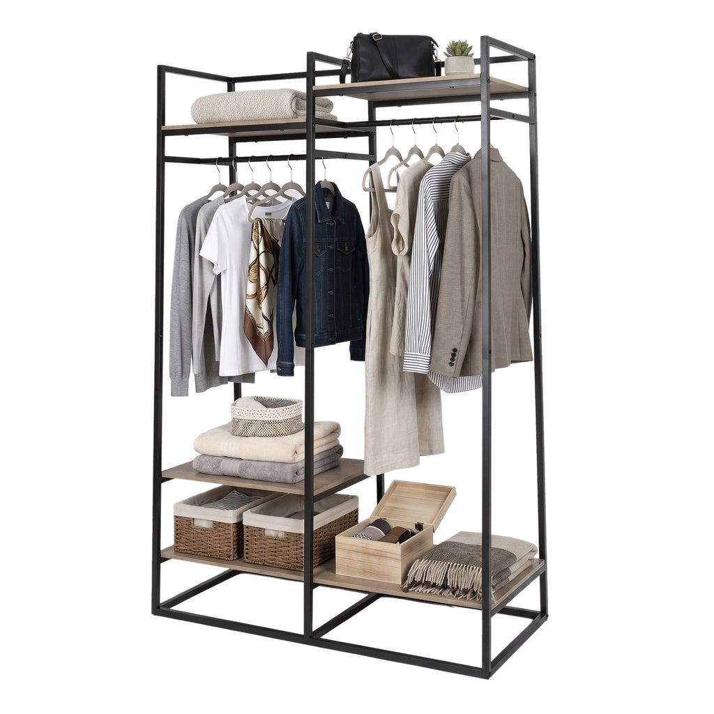 AVERO™ Jace Freestanding Metal 2-Rod Garment Clothes Rack with 4 Wooden Shelves, Black - AVERO™