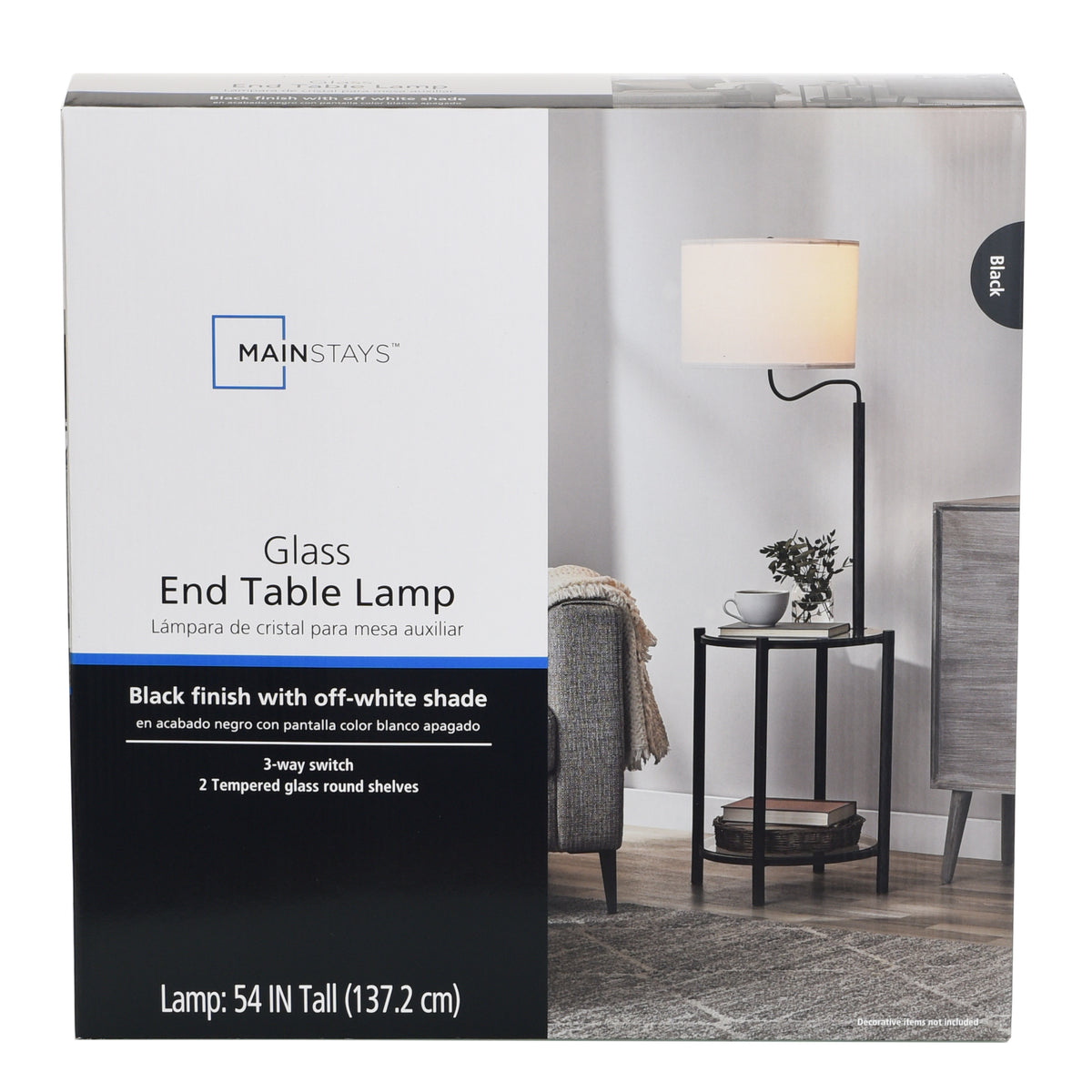 AVERO™ Glass End Table Floor Lamp with White Shade, Matte Black, 17"L x 17"W x 54"H - AVERO™