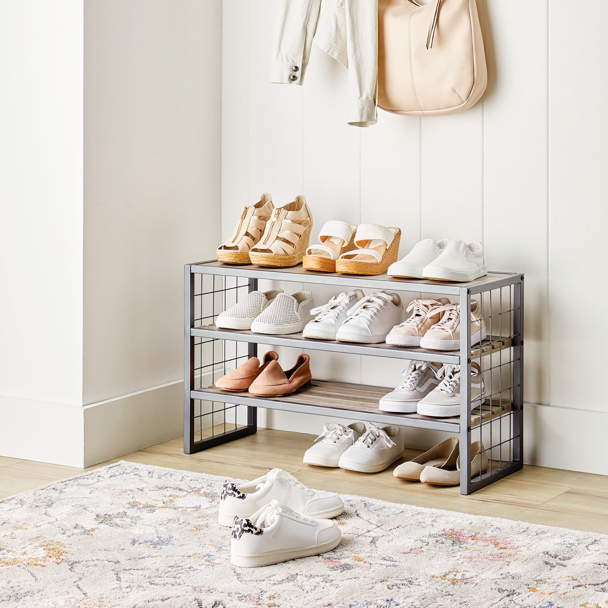 AVERO™ Farmhouse 3 Tier Shoe Rack, Gray, 30" W x 12" D x 18" H - AVERO™