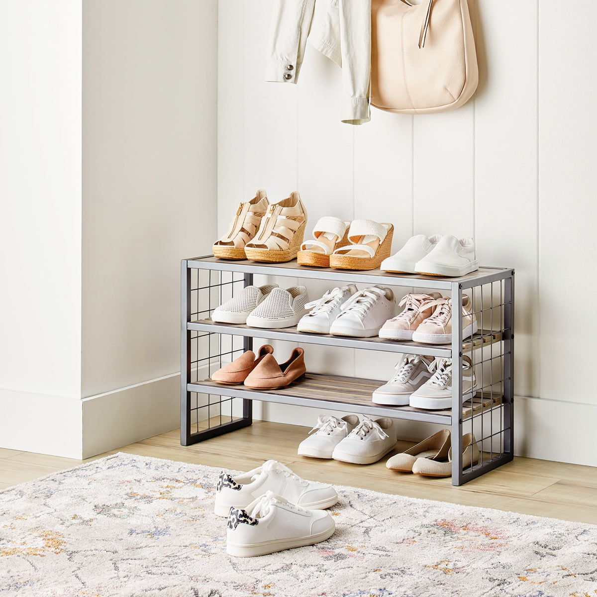 AVERO™ Farmhouse 3 Tier Shoe Rack, Gray, 30in W x 12in D x 18in H - AVERO™
