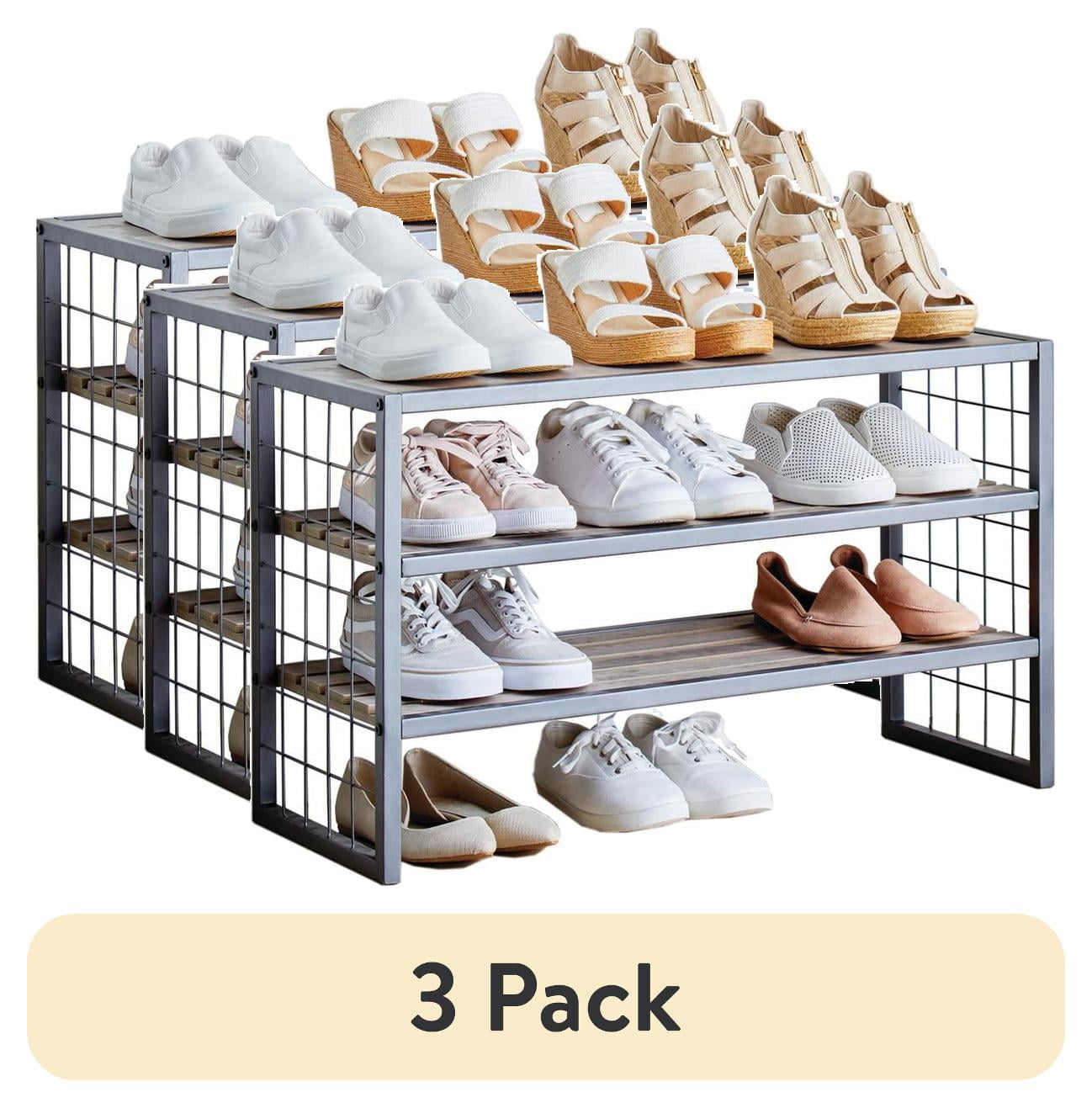AVERO™ (3 pack) Decorative Gunmetal Grey Wood and Metal Shoe Rack - AVERO™