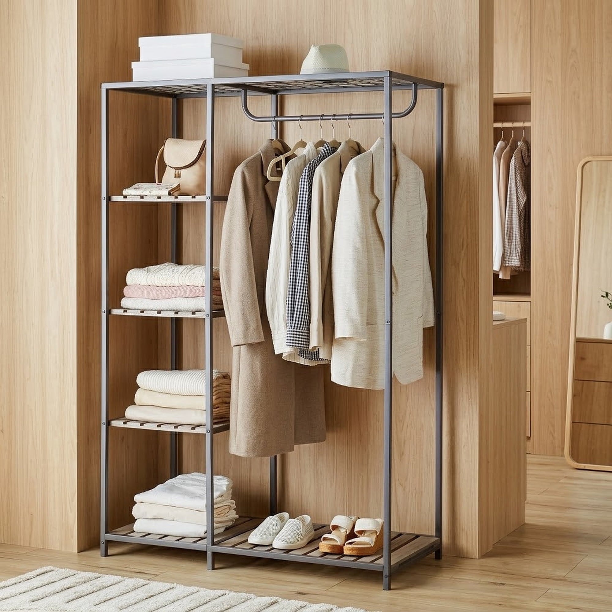 AVERO™ Farmhouse Style Gray Wood and Metal Clothes Rack with Garment Rod - AVERO™