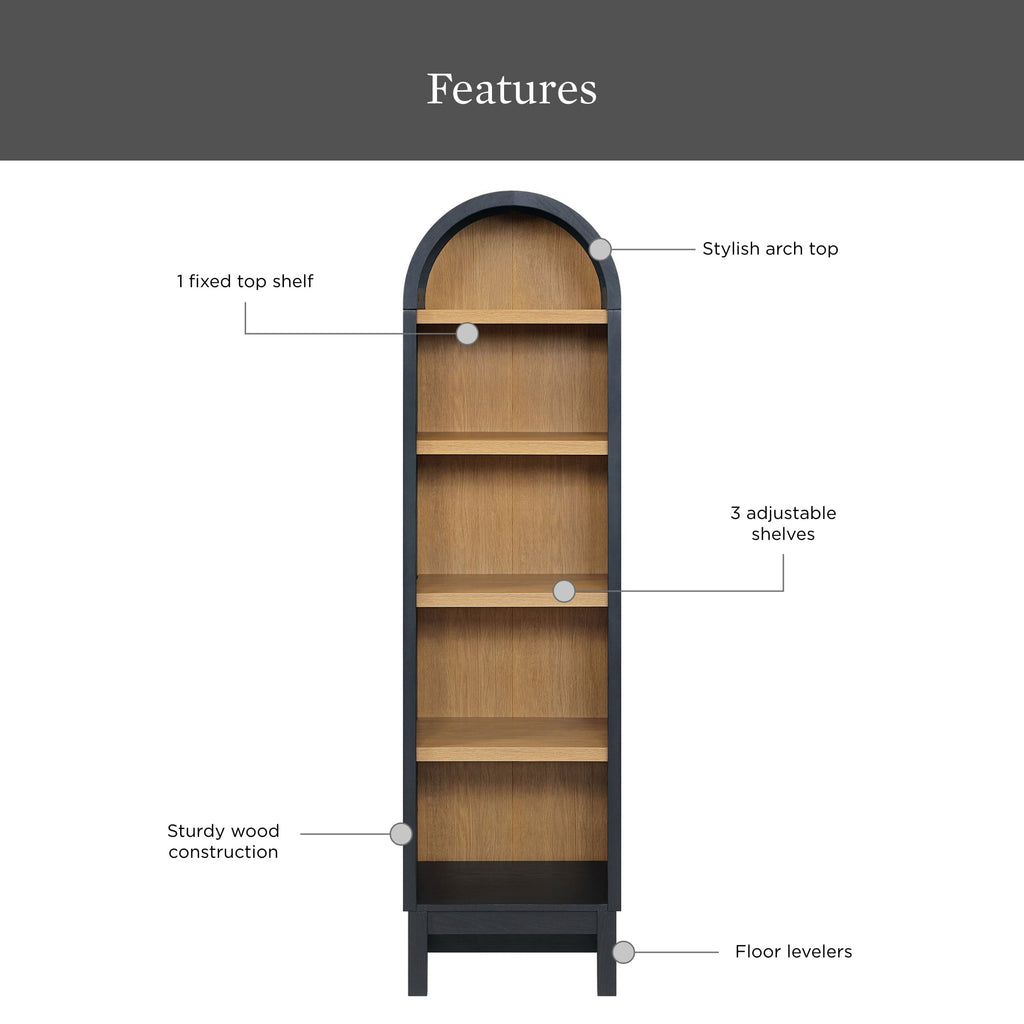 AVERO™ Juliet Narrow Arch Bookcase, Rich Black and Light Honey - AVERO™