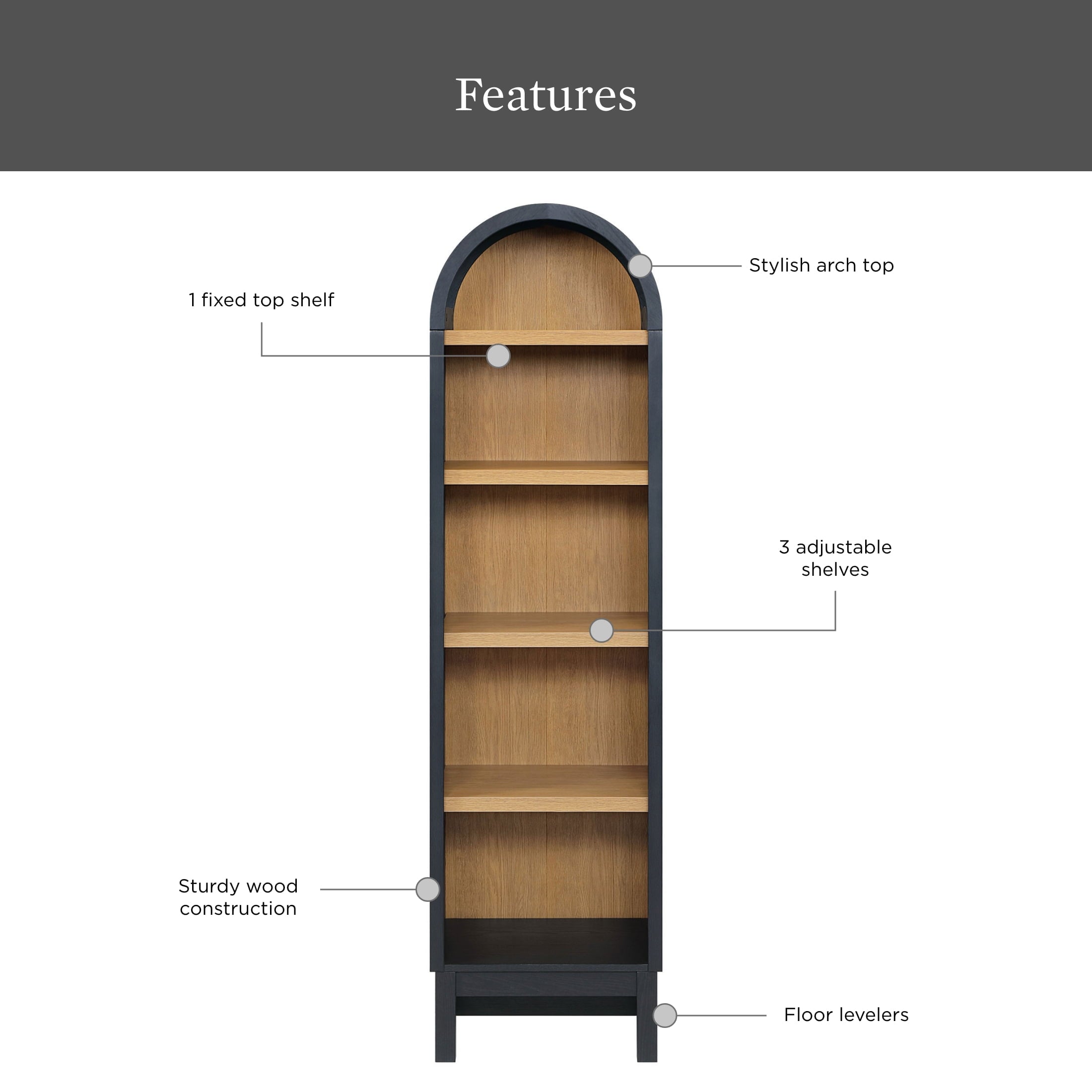 AVERO™ Juliet Narrow Arch Bookcase, Rich Black and Light Honey - AVERO™