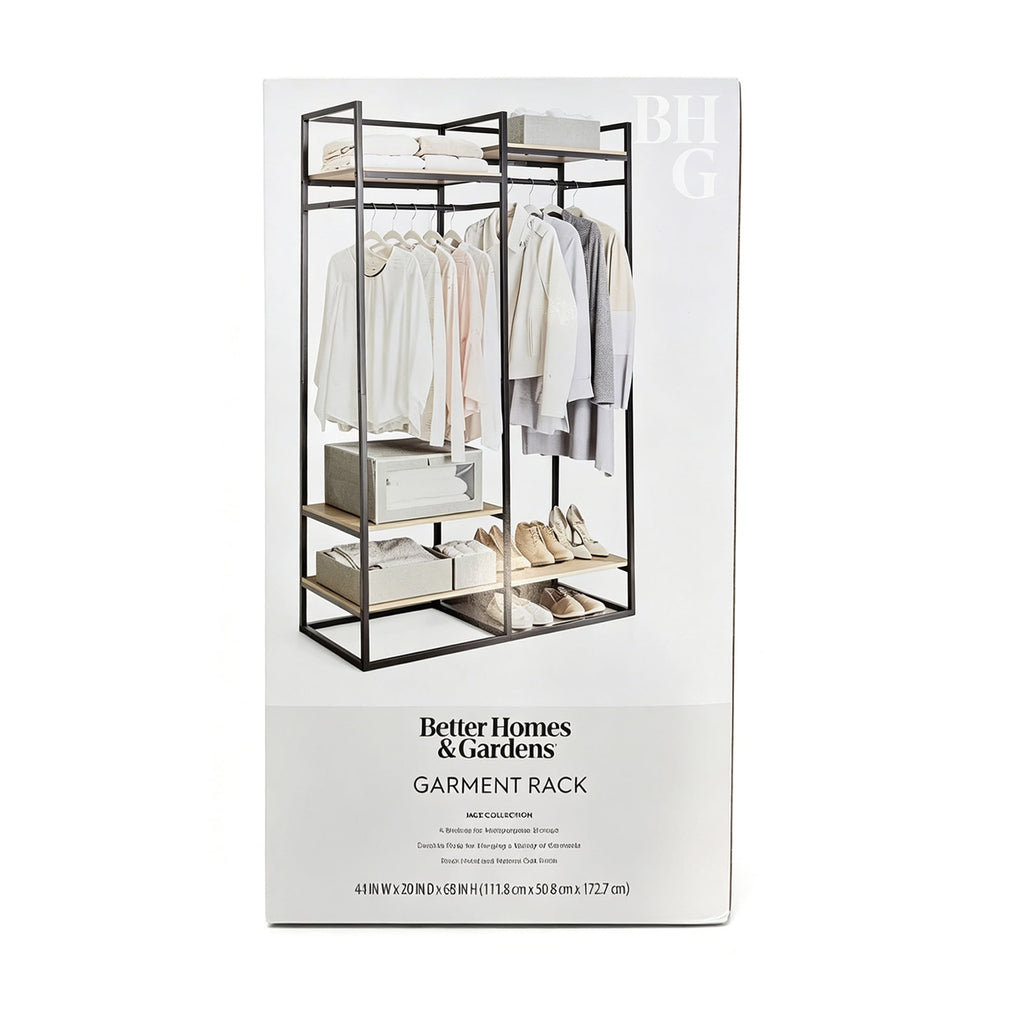 AVERO™ Jace Freestanding Metal 2-Rod Garment Clothes Rack with 4 Wooden Shelves, Black - AVERO™
