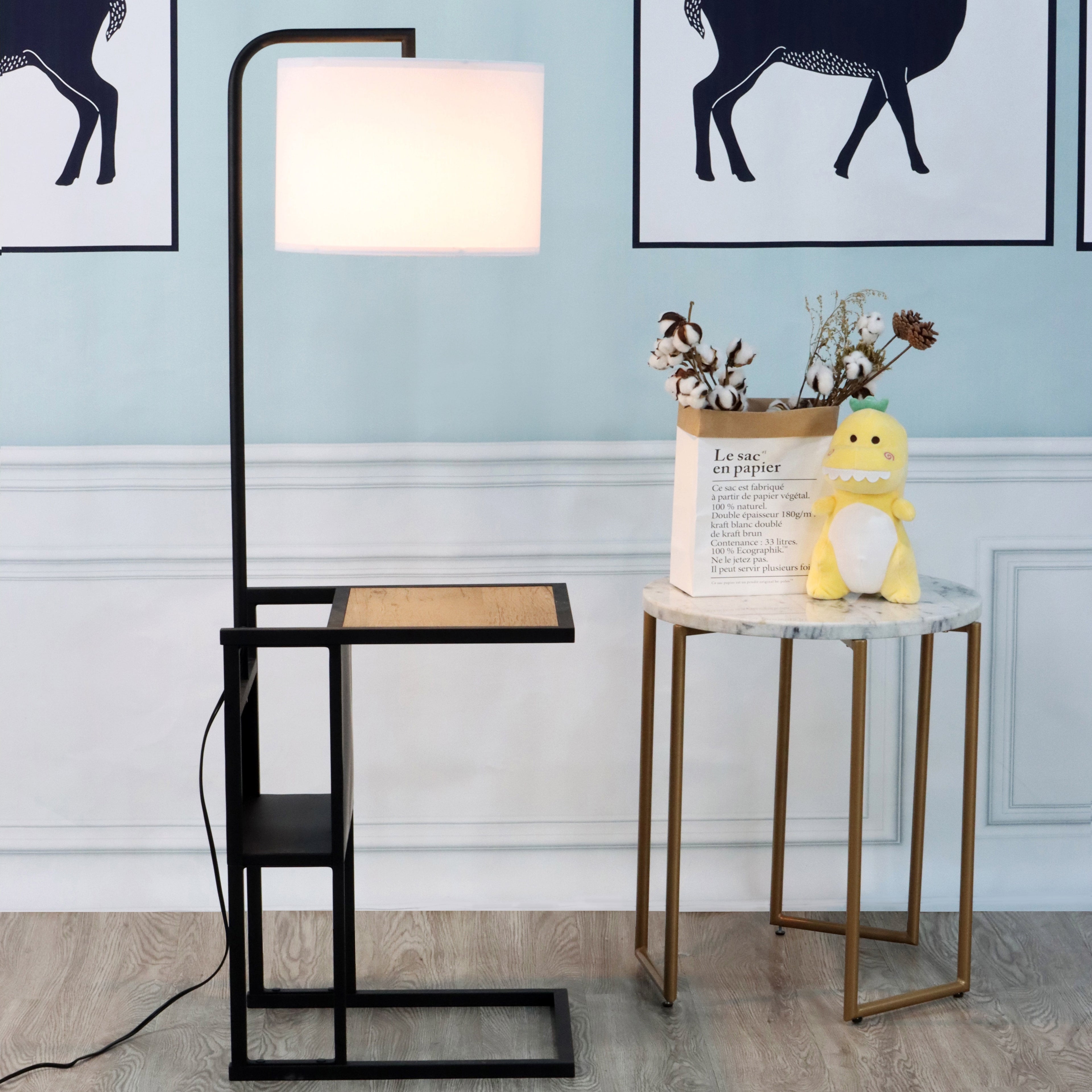 AVERO™ 54" Matte Black Metal Floor Lamp with Faux Wood Table and Magazine Rack - AVERO™