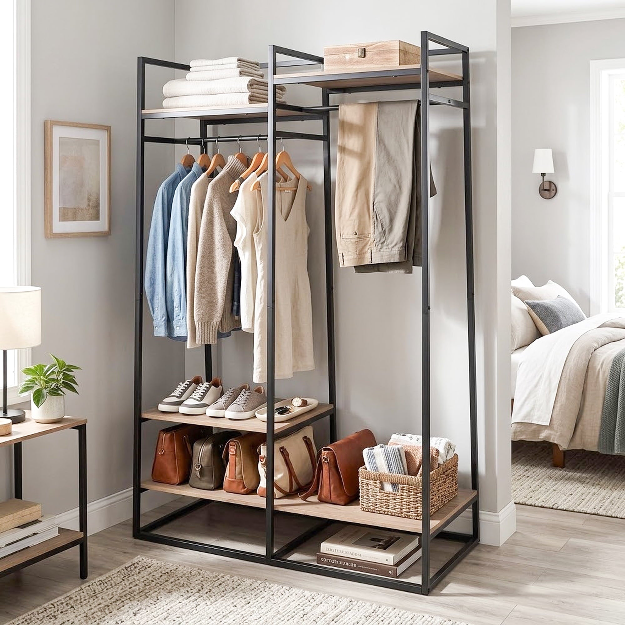AVERO™ Jace Freestanding Metal 2-Rod Garment Clothes Rack with 4 Wooden Shelves, Black - AVERO™