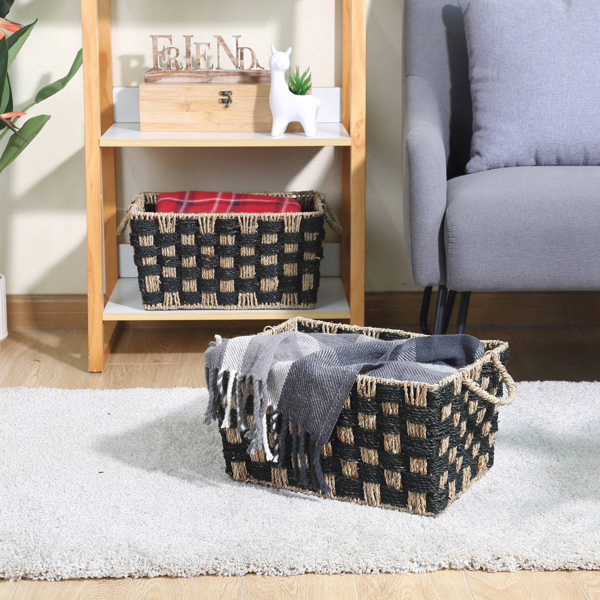 AVERO™ Large Rectangle Checkered Seagrass Storage Basket with Handles, 2 Pack - AVERO™
