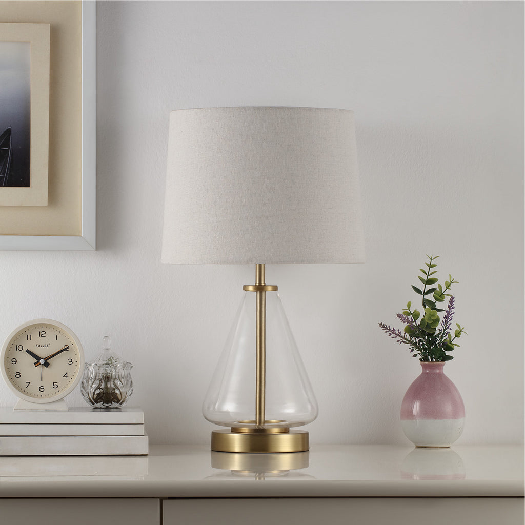 AVERO™ 18 in Clear Glass Table Lamp with Brass Metal Base and Beige Shade - AVERO™