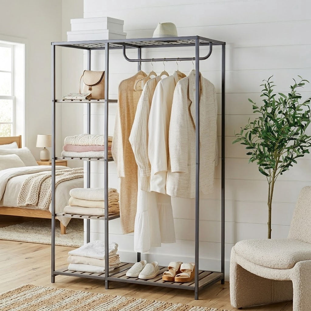 AVERO™ Farmhouse Style Gray Wood and Metal Clothes Rack with Garment Rod - AVERO™