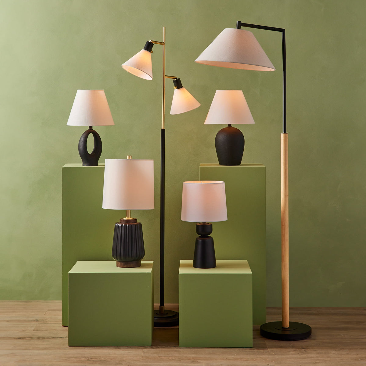 AVERO™ 68"H Metal Floor Lamp with Adjustable Dual Shades, Black and Gold Finish, White Linen Shades - AVERO™