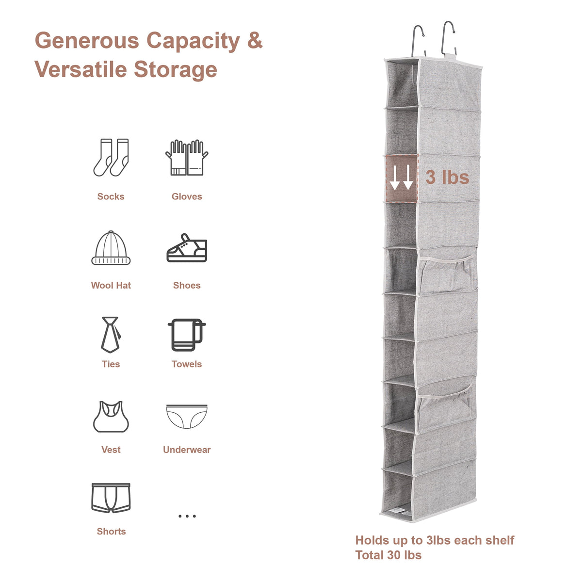 AVERO™ (2 pack) Gray 10-Shelf Hanging Closet Organizer with Side Pockets - AVERO™