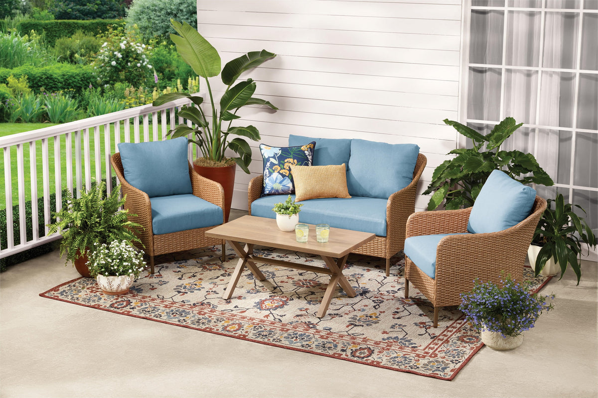 AVERO™ Chelsea 4-Piece Outdoor Patio Deep Seating Set with Handwoven Wicker, Steel Frames and Blue Cushions - AVERO™