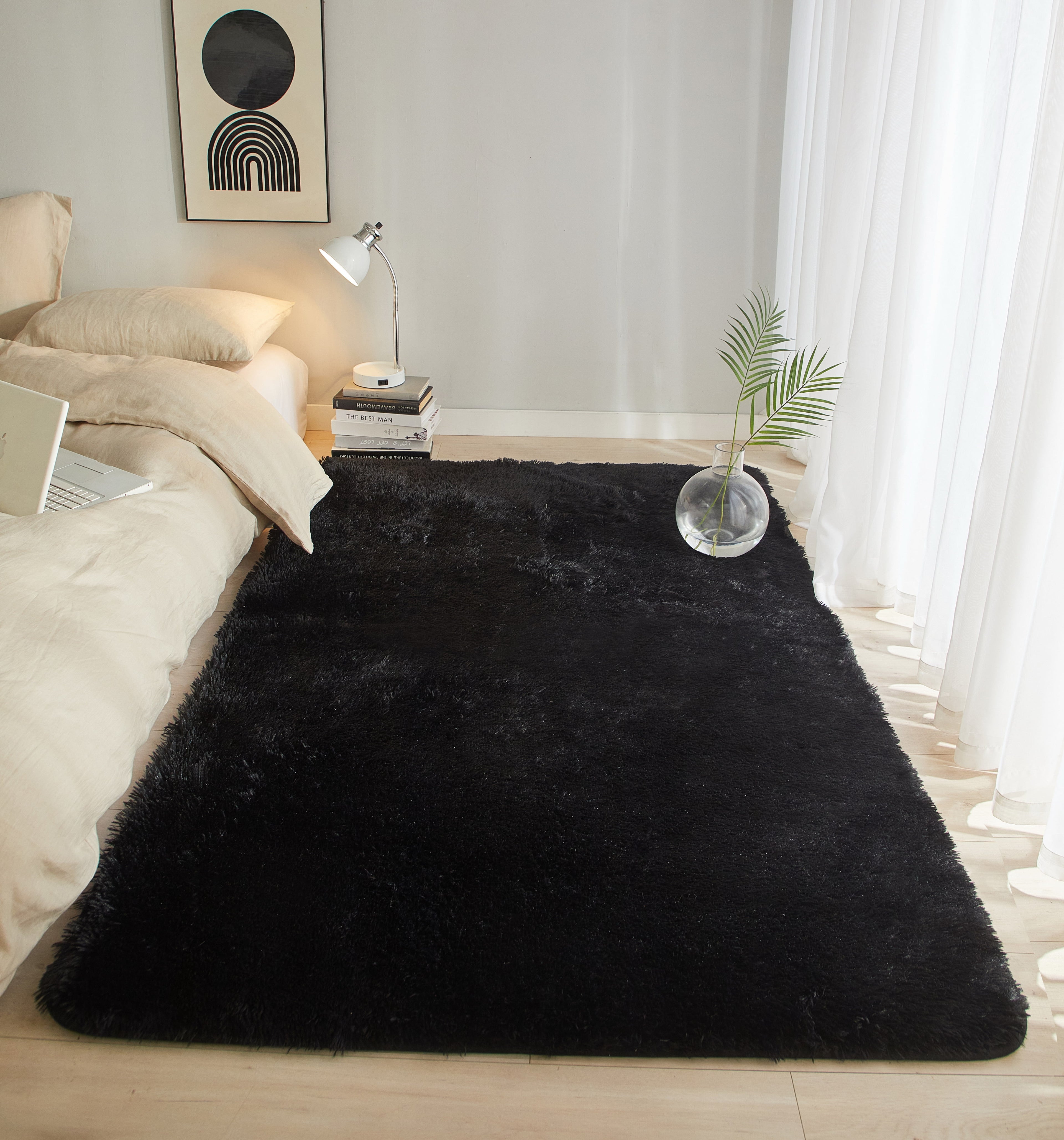 AVERO™ Cushion Shag Bedroom Rug For Adults, Black, 4'x6' - AVERO™