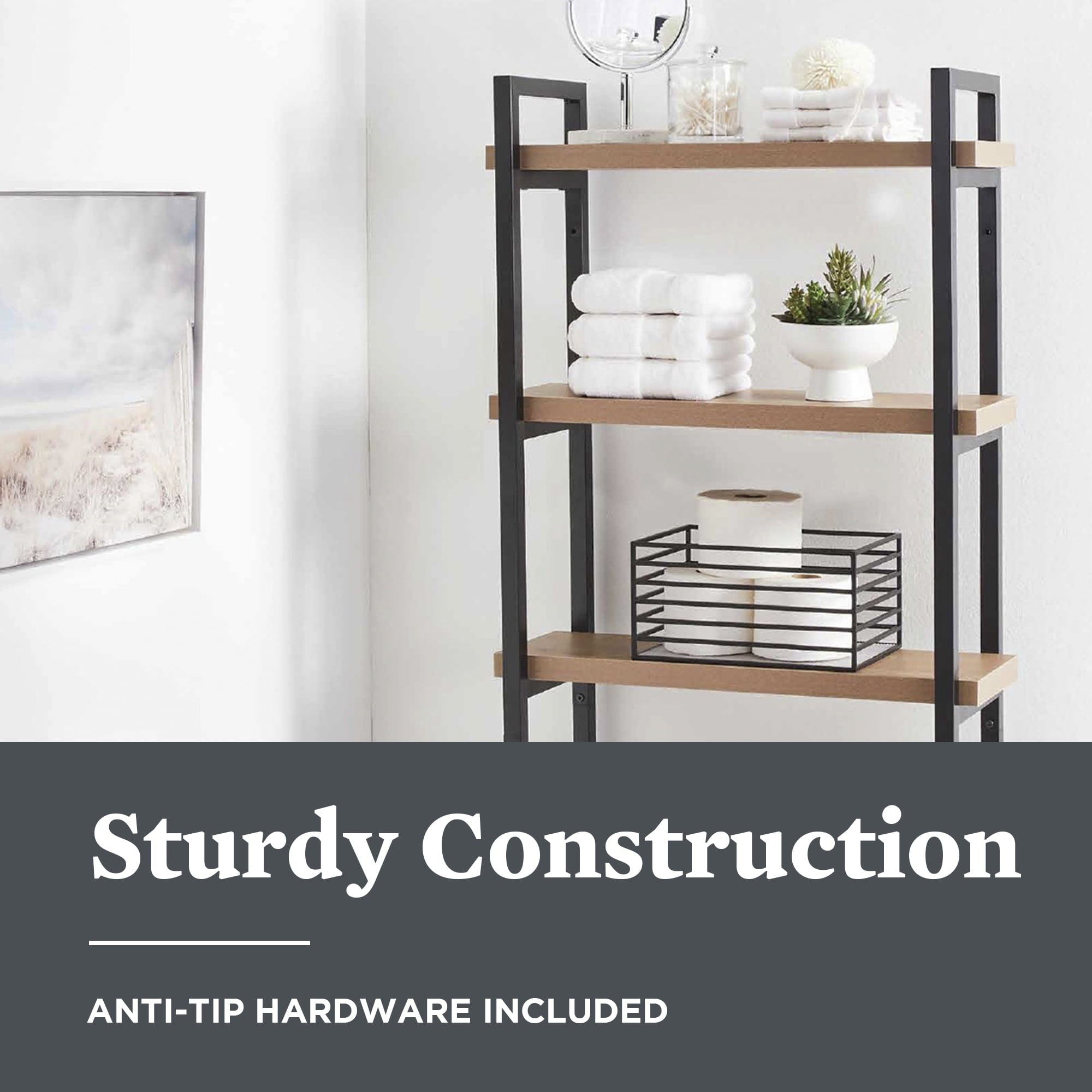 AVERO™ Jace 3-Shelf Over-the-Toilet Storage Shelf, Black Frame with Oak Shelves - AVERO™