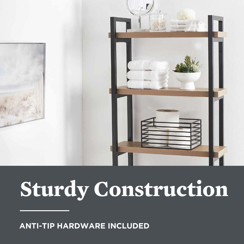 AVERO™ Jace 3-Shelf over-the-Toilet Storage Shelf with Black Frame and Oak Shelves - AVERO™