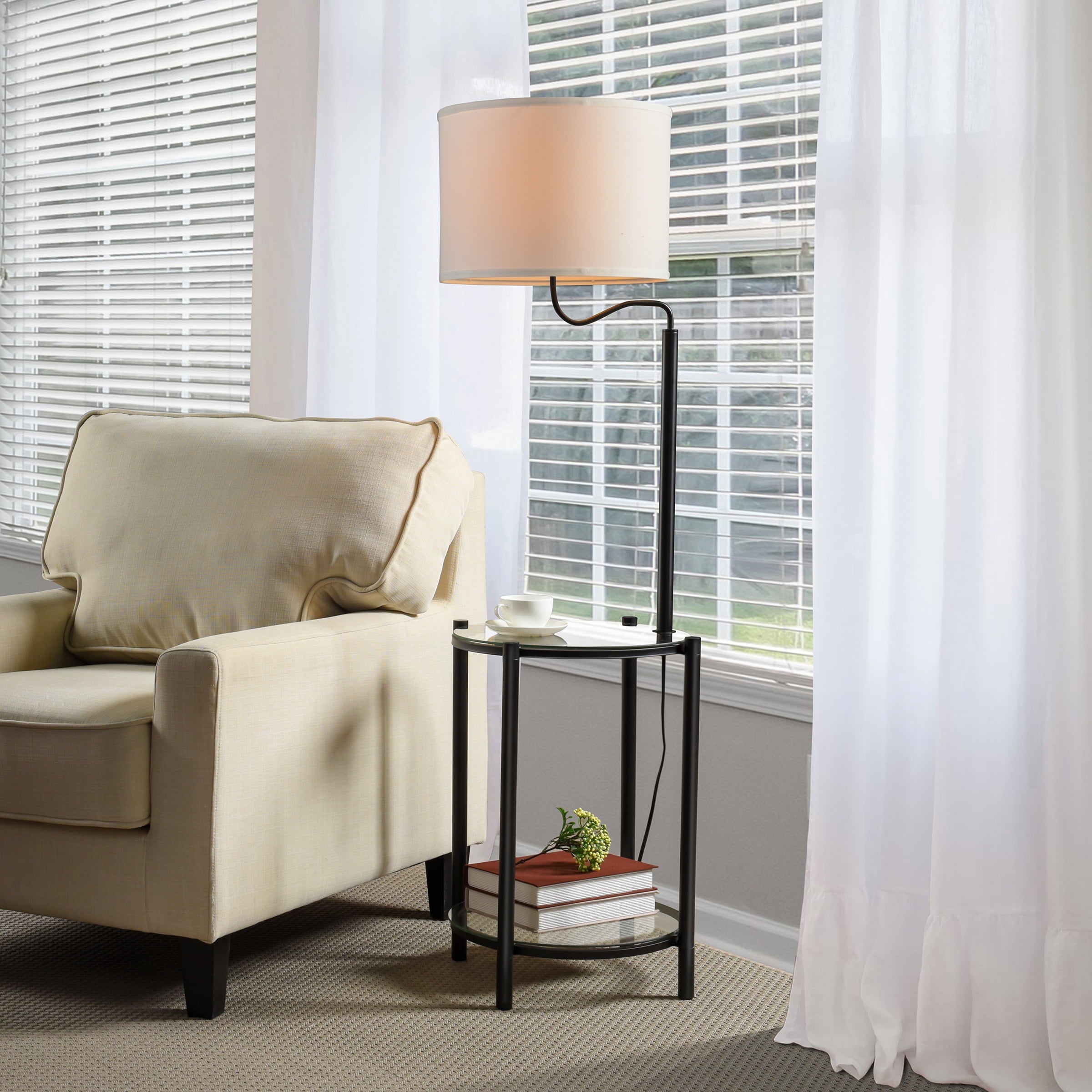 AVERO™ Glass End Table Floor Lamp with White Shade, Matte Black, 17"L x 17"W x 54"H - AVERO™