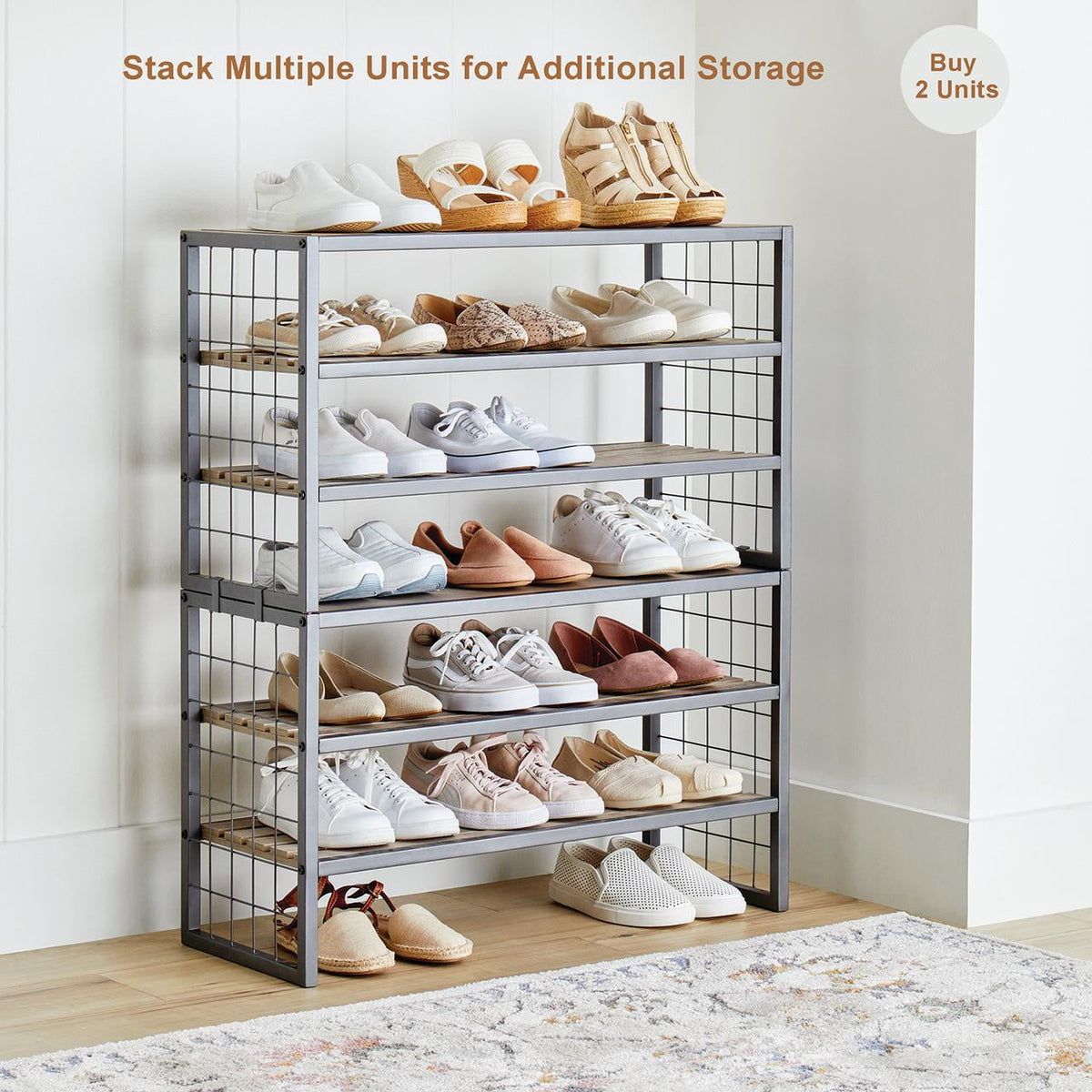 AVERO™ (3 pack) Decorative Gunmetal Grey Wood and Metal Shoe Rack - AVERO™