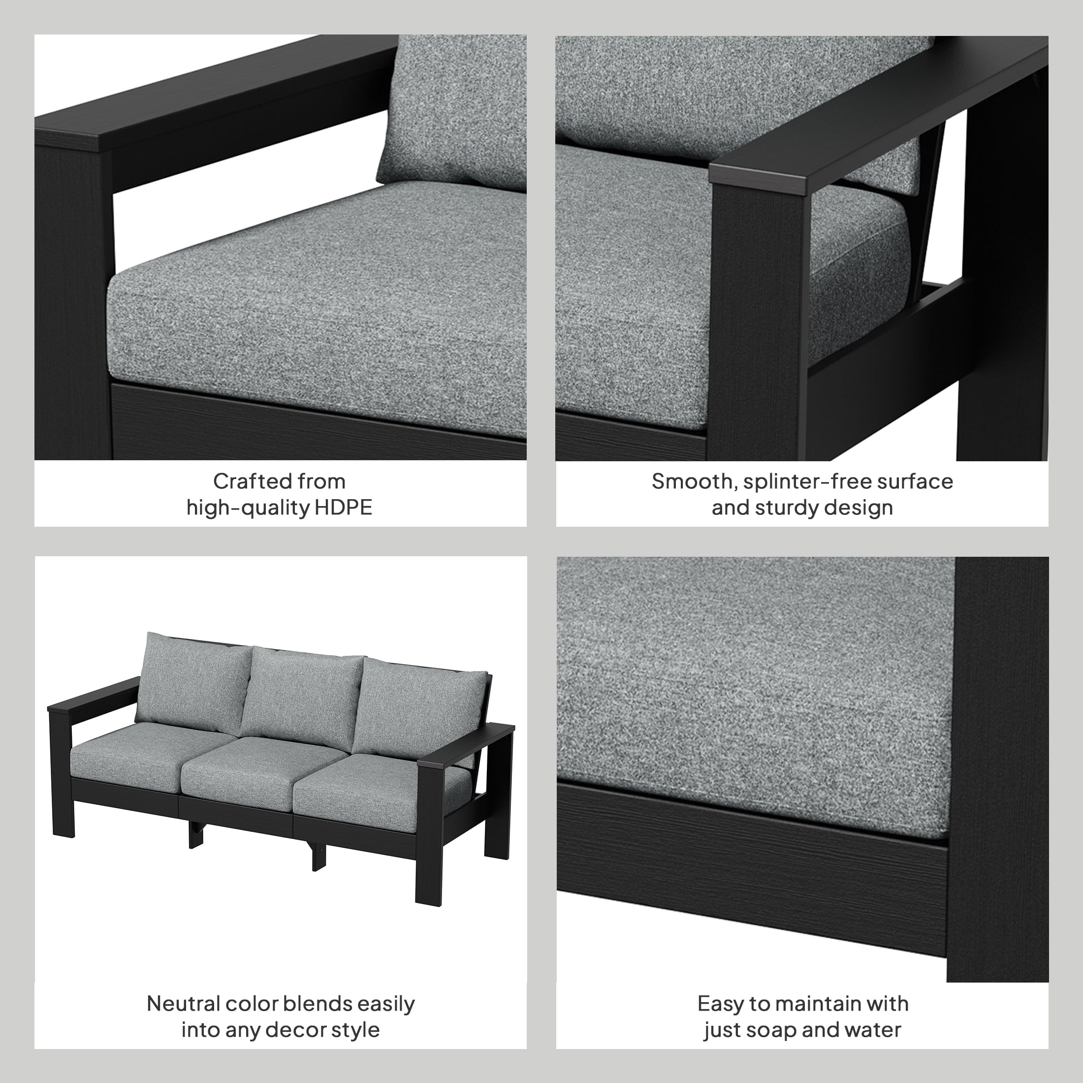 AVERO™ Ezra Outdoor Sofa, Black Frame with Gray Cushions - AVERO™