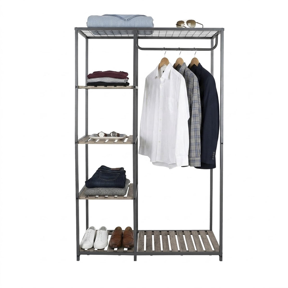 AVERO™ Farmhouse Style Gray Wood and Metal Clothes Rack with Garment Rod - AVERO™