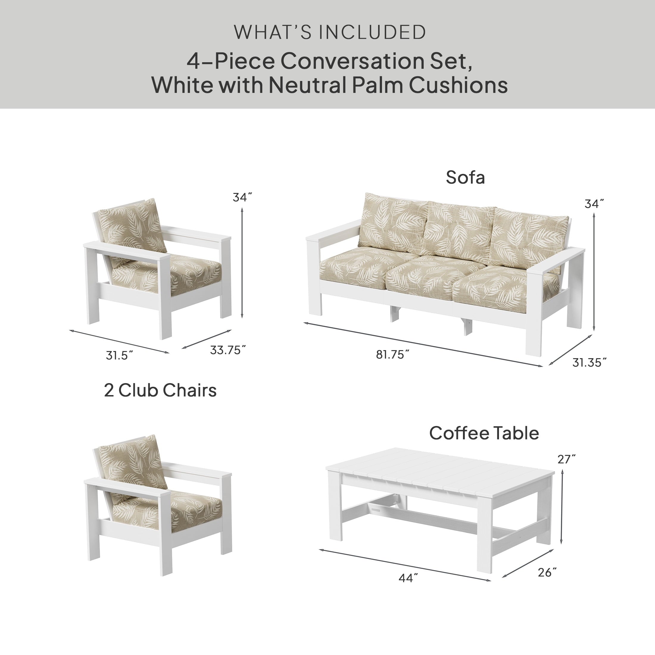 AVERO™ Ezra 4-Piece Outdoor HDPE Conversation Set, White with Neutral Palm Cushions - AVERO™
