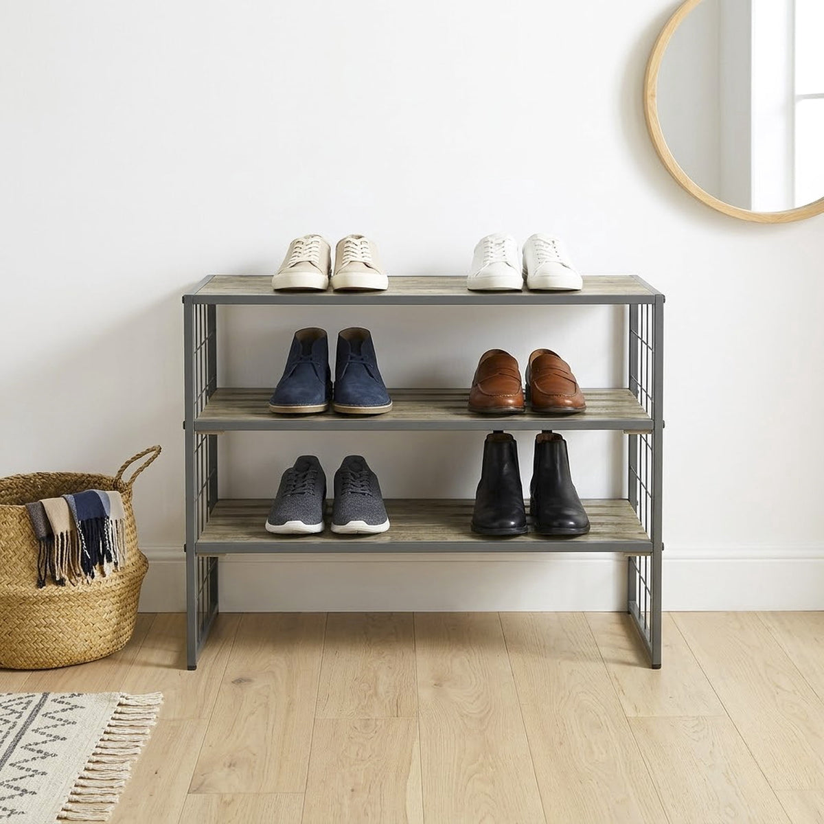 AVERO™ Farmhouse 3 Tier Shoe Rack, Gray, 30in W x 12in D x 18in H - AVERO™