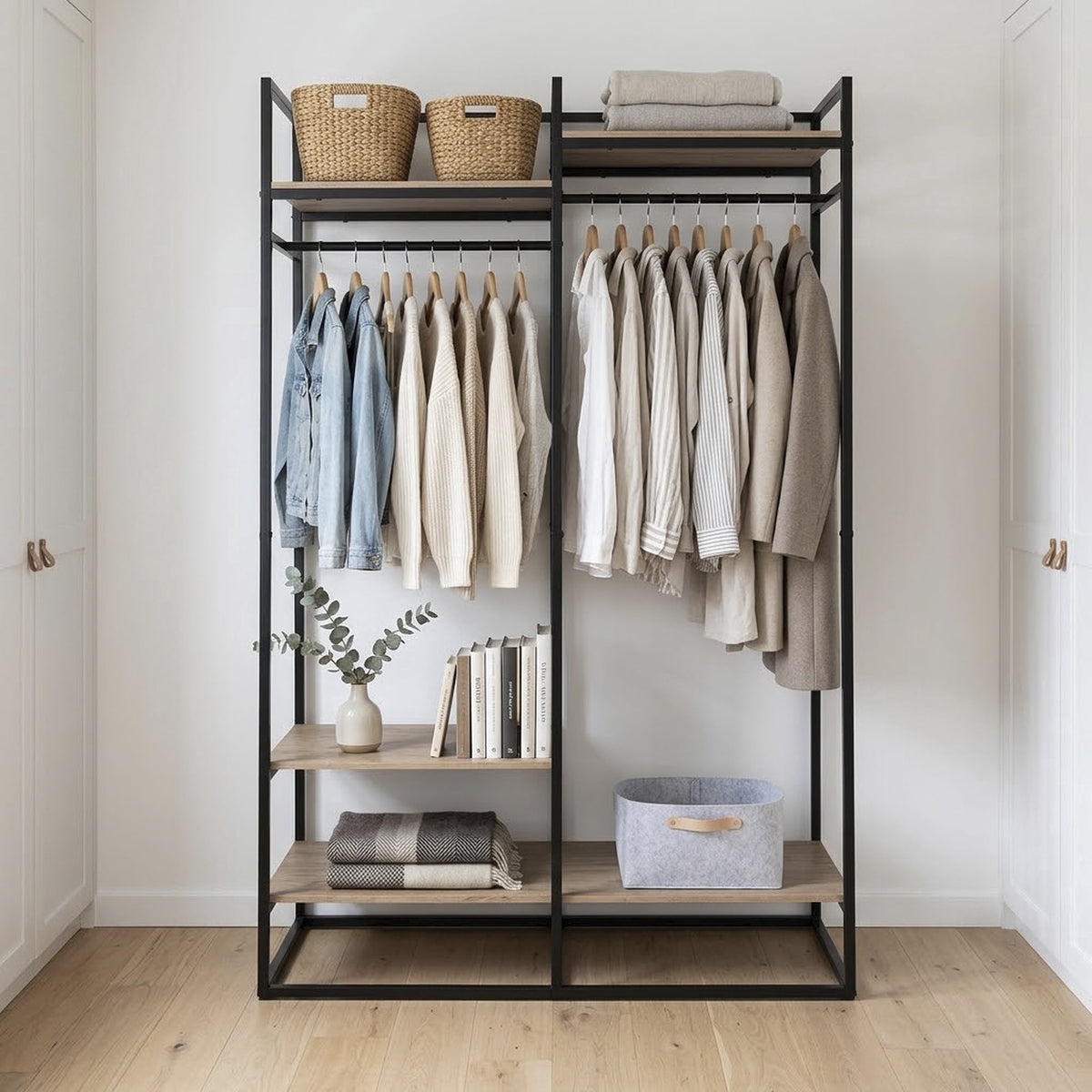 AVERO™ Jace Freestanding Metal 2-Rod Garment Clothes Rack with 4 Wooden Shelves, Black - AVERO™