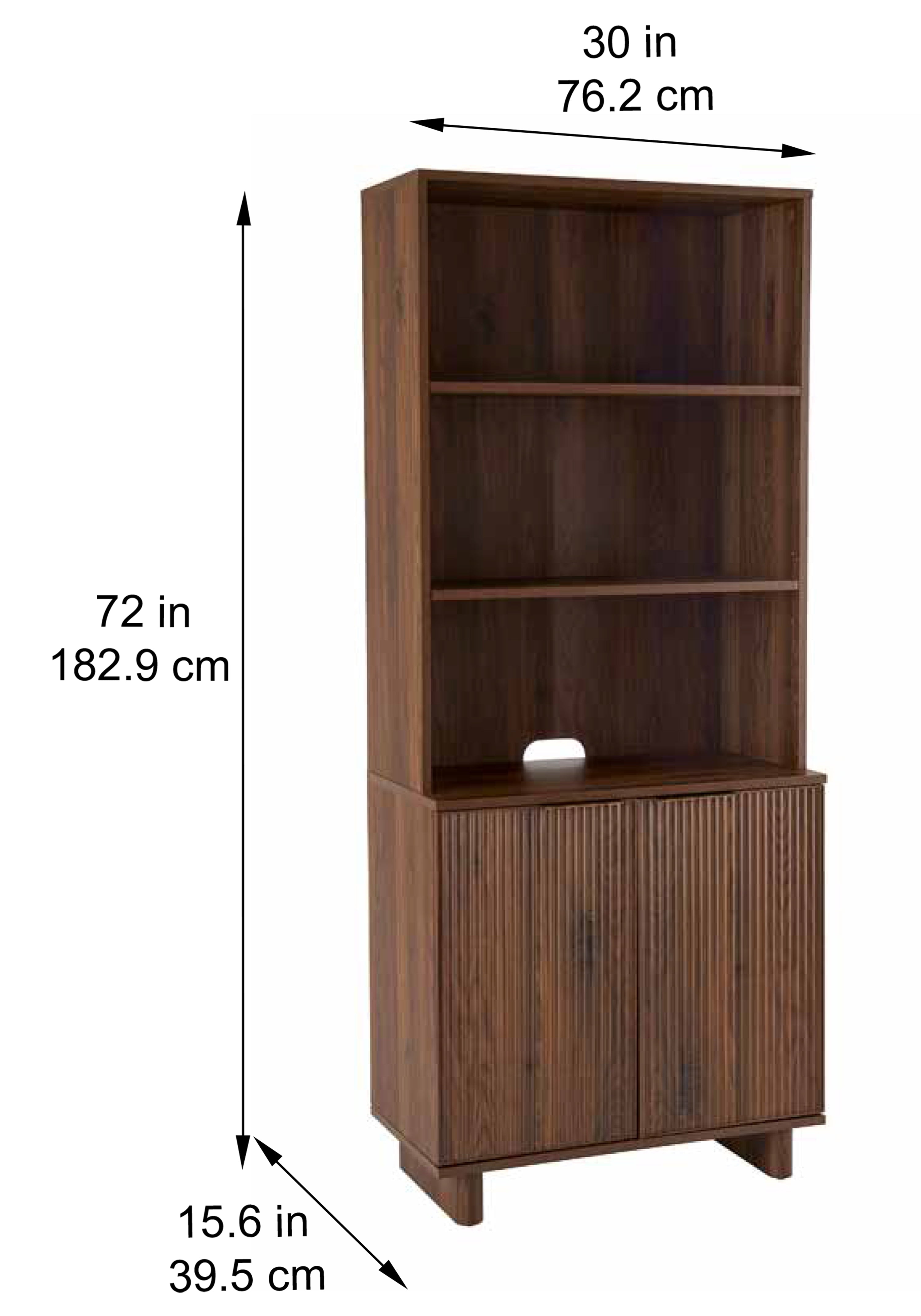 AVERO™ Lillian Fluted Bookcase with Doors and Storage, Walnut Finish - AVERO™