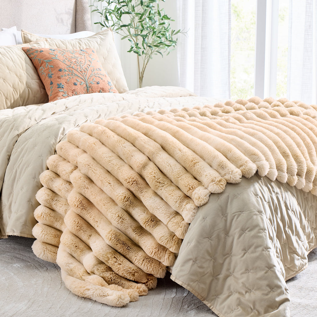 AVERO™ Beige Marbled Exaggerated Channel Faux Fur Oversized Throw, 50" x 72" - AVERO™
