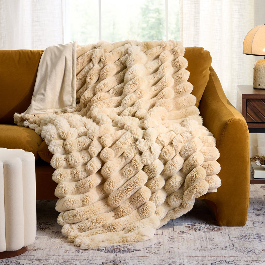 AVERO™ Beige Marbled Exaggerated Channel Faux Fur Oversized Throw, 50" x 72" - AVERO™