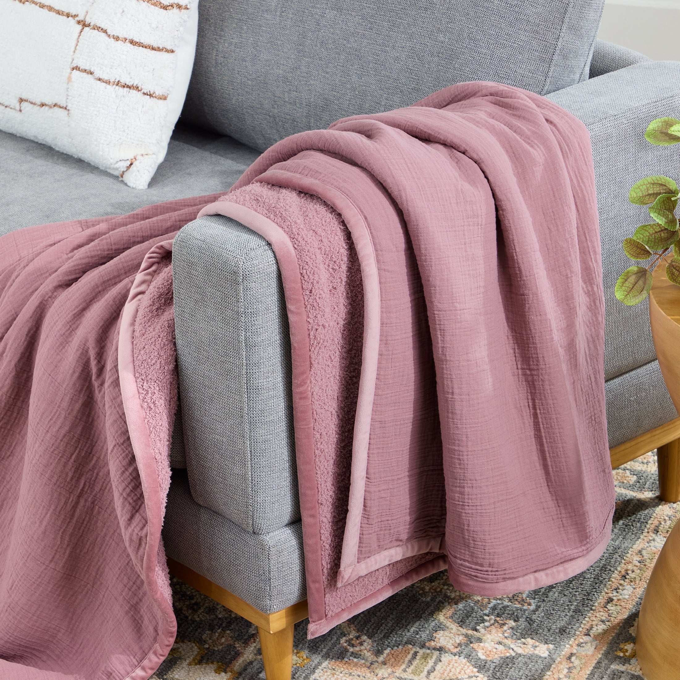 AVERO™ Throw Blanket, Reversible Gauze and Cozy Knit, 50 in x 72 in, Antique Blush
