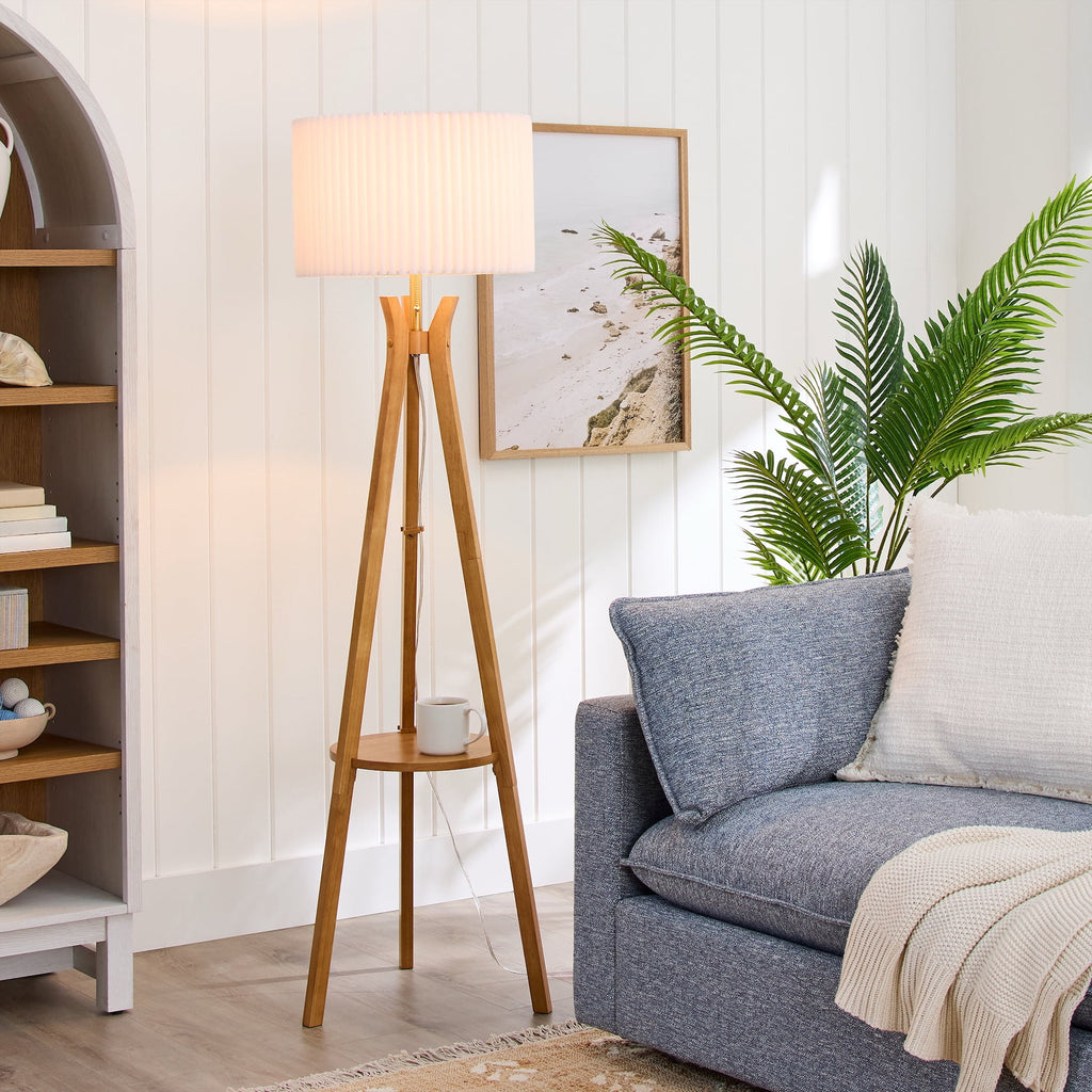 AVERO™ 63 in Natural Wood Tripod Floor Lamp with Pleated Shade - AVERO™