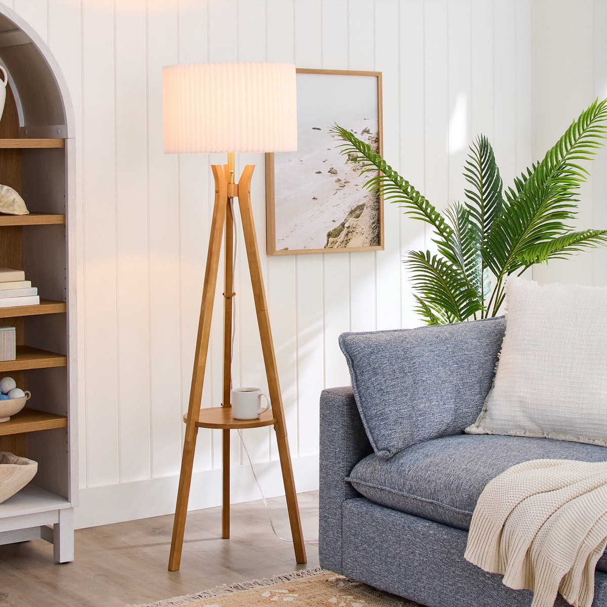 AVERO™ 63 in Natural Wood Tripod Floor Lamp with Pleated Shade - AVERO™