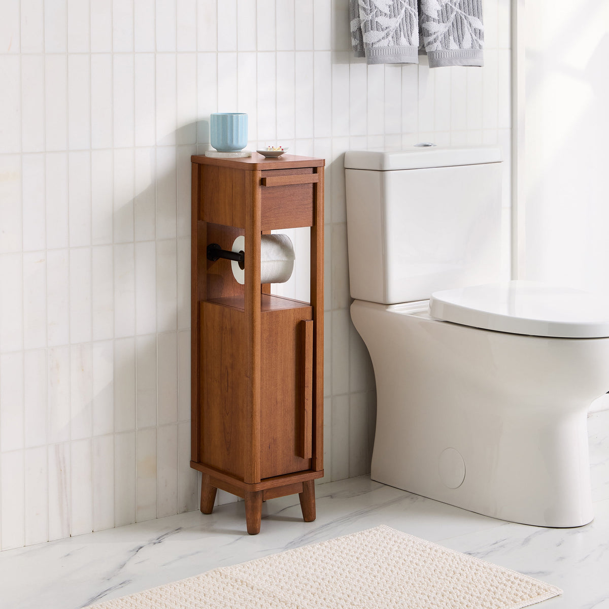 AVERO™ Greyson Slim Bathroom Storage Cabinet with Toilet Paper Holder, Walnut Finish - AVERO™