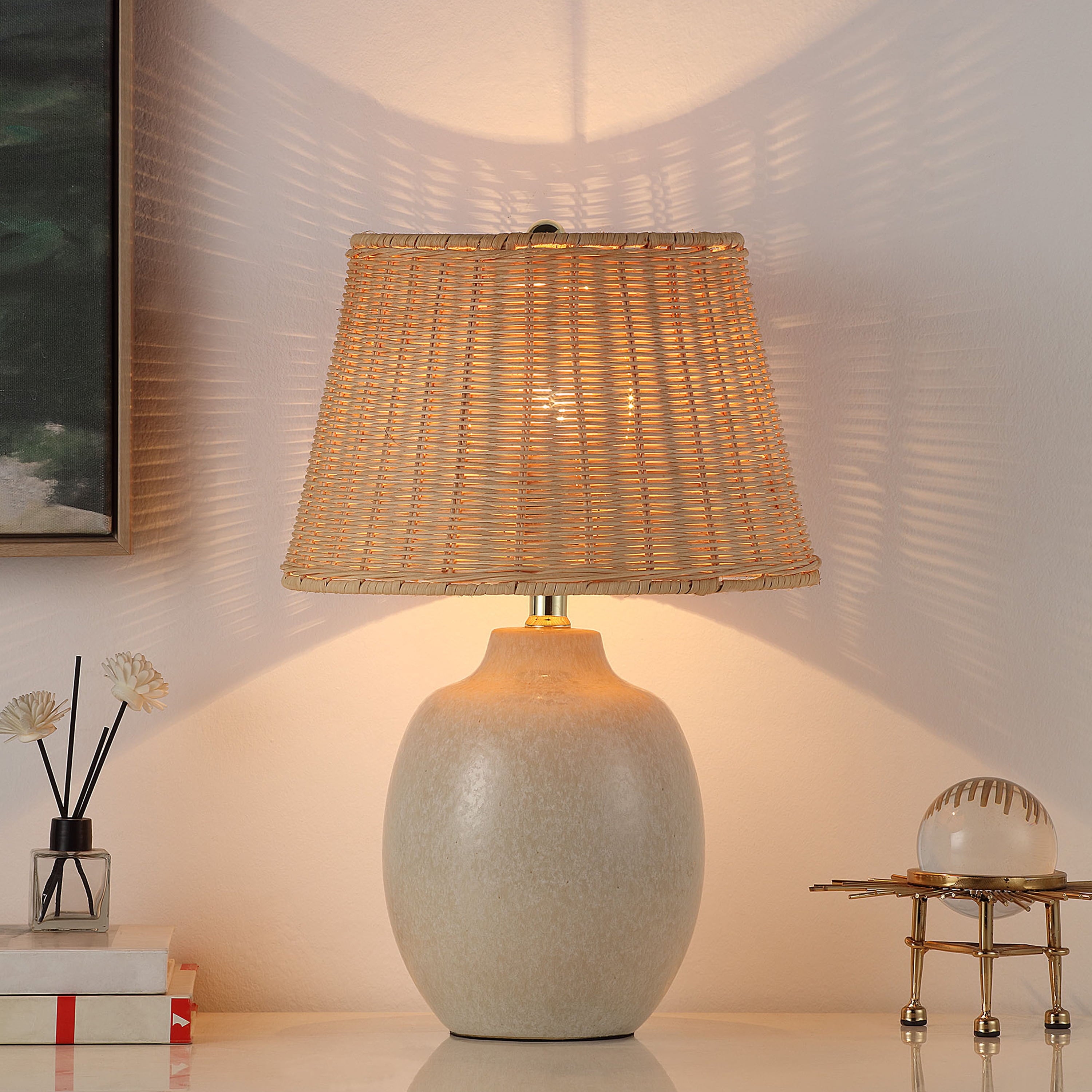 AVERO™ Cream Reactive Ceramic Table Lamp with Natural Rattan Shade, 18 in - AVERO™