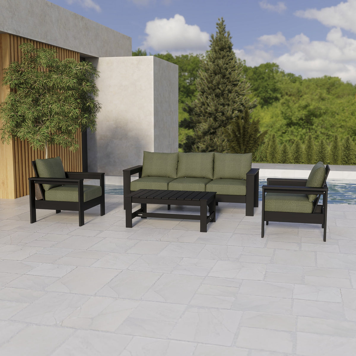 AVERO™ Ezra 4-Piece Outdoor HDPE Conversation Set, White with Neutral Palm Cushions
