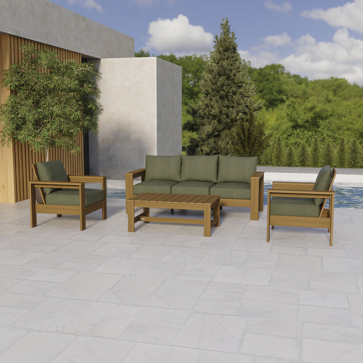 AVERO™ Ezra 4-Piece Outdoor HDPE Conversation Set, White with Neutral Palm Cushions