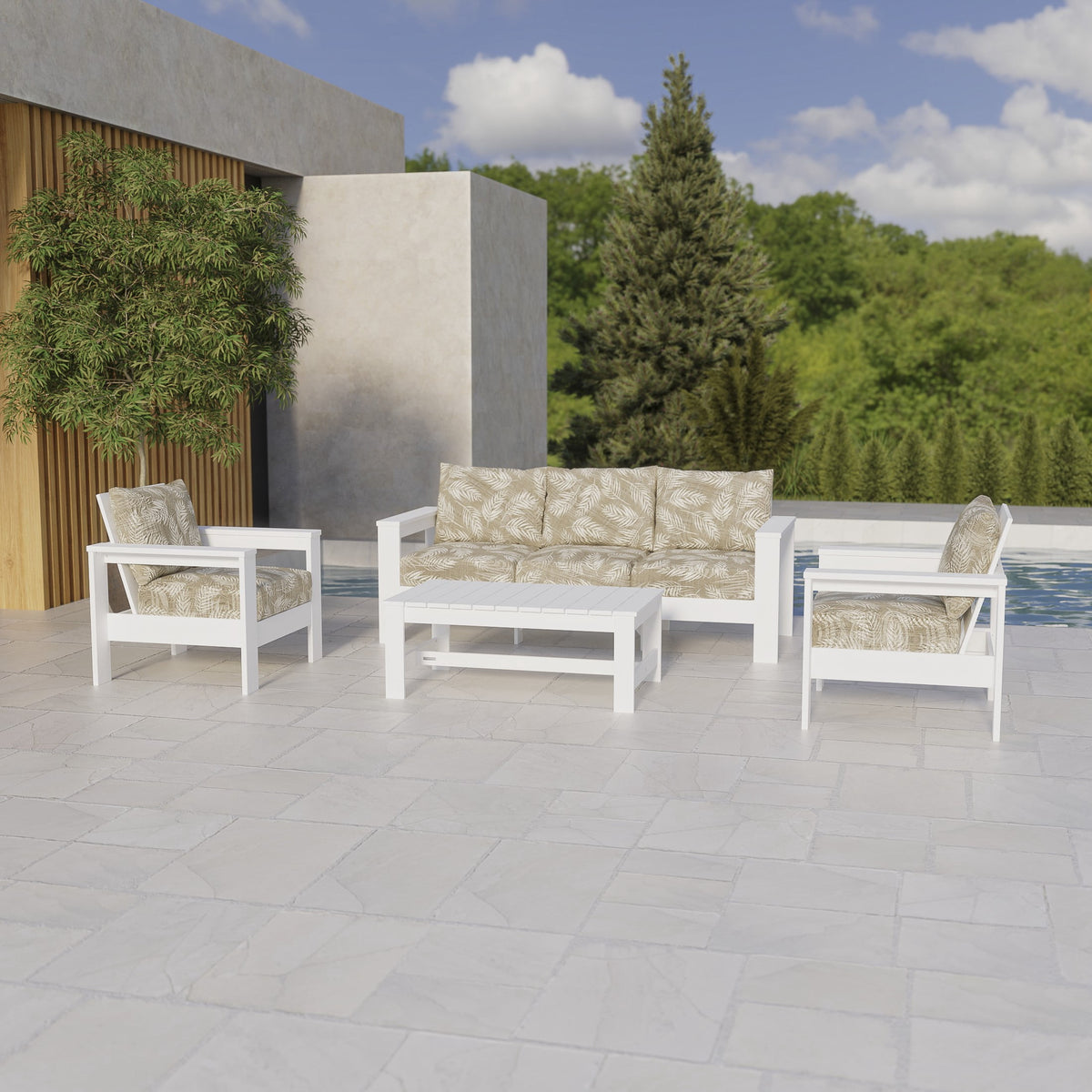 AVERO™ Ezra 4-Piece Outdoor HDPE Conversation Set, White with Neutral Palm Cushions - AVERO™