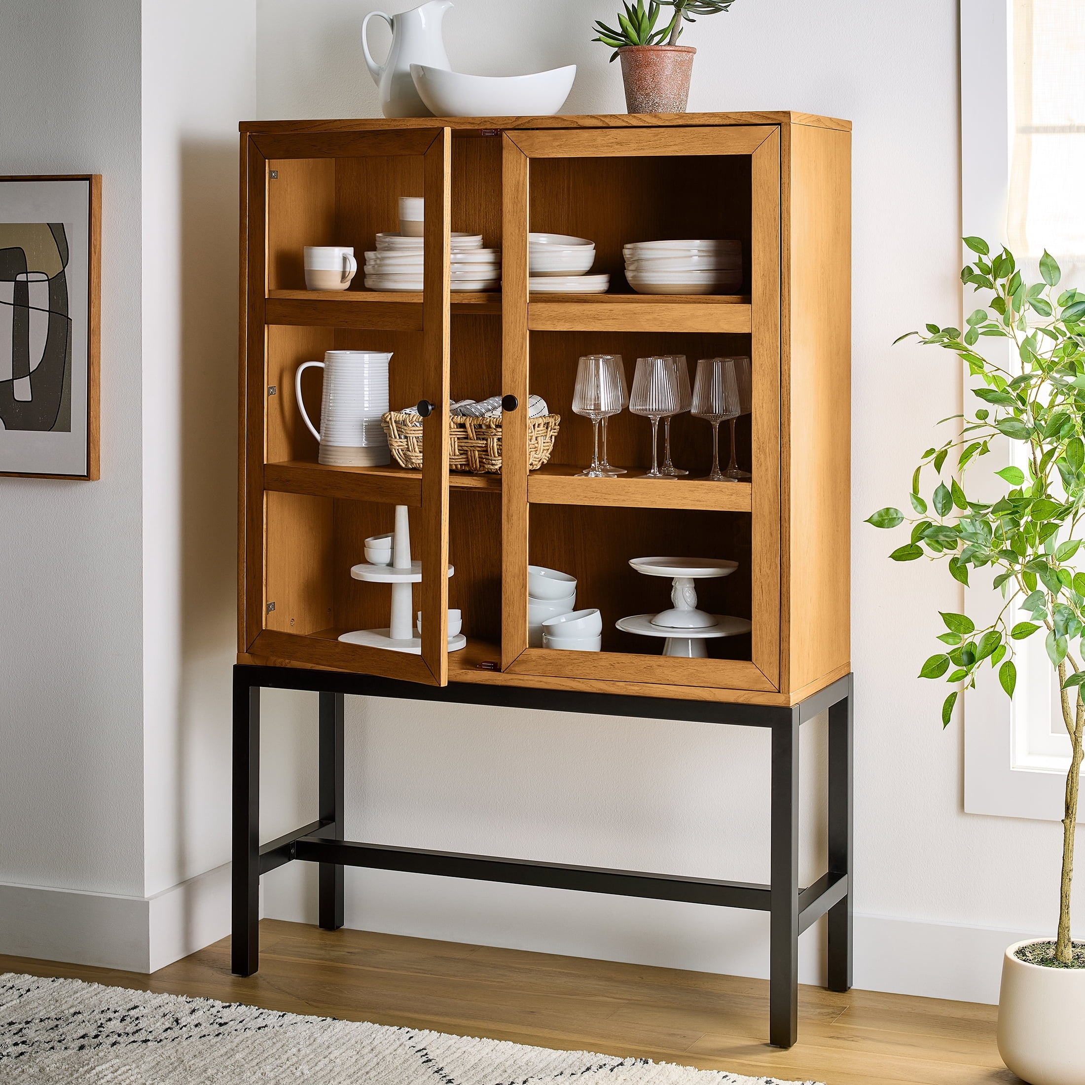 AVERO™ Ezra China Cabinet, Light Honey Finish and Black Stand - AVERO™