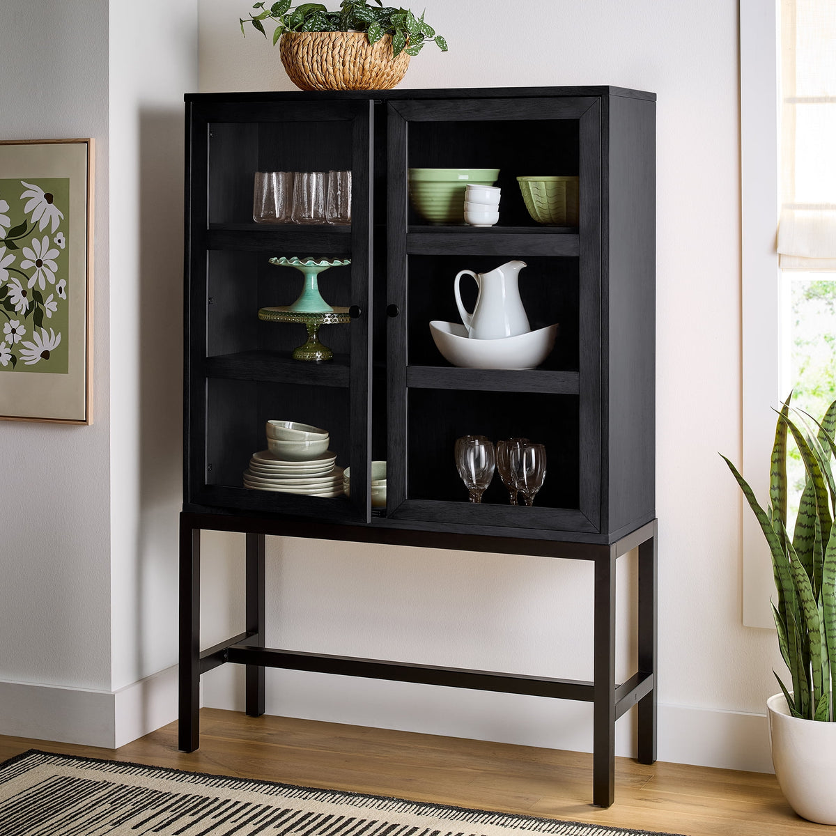 AVERO™ Ezra China Cabinet, Light Honey Finish and Black Stand